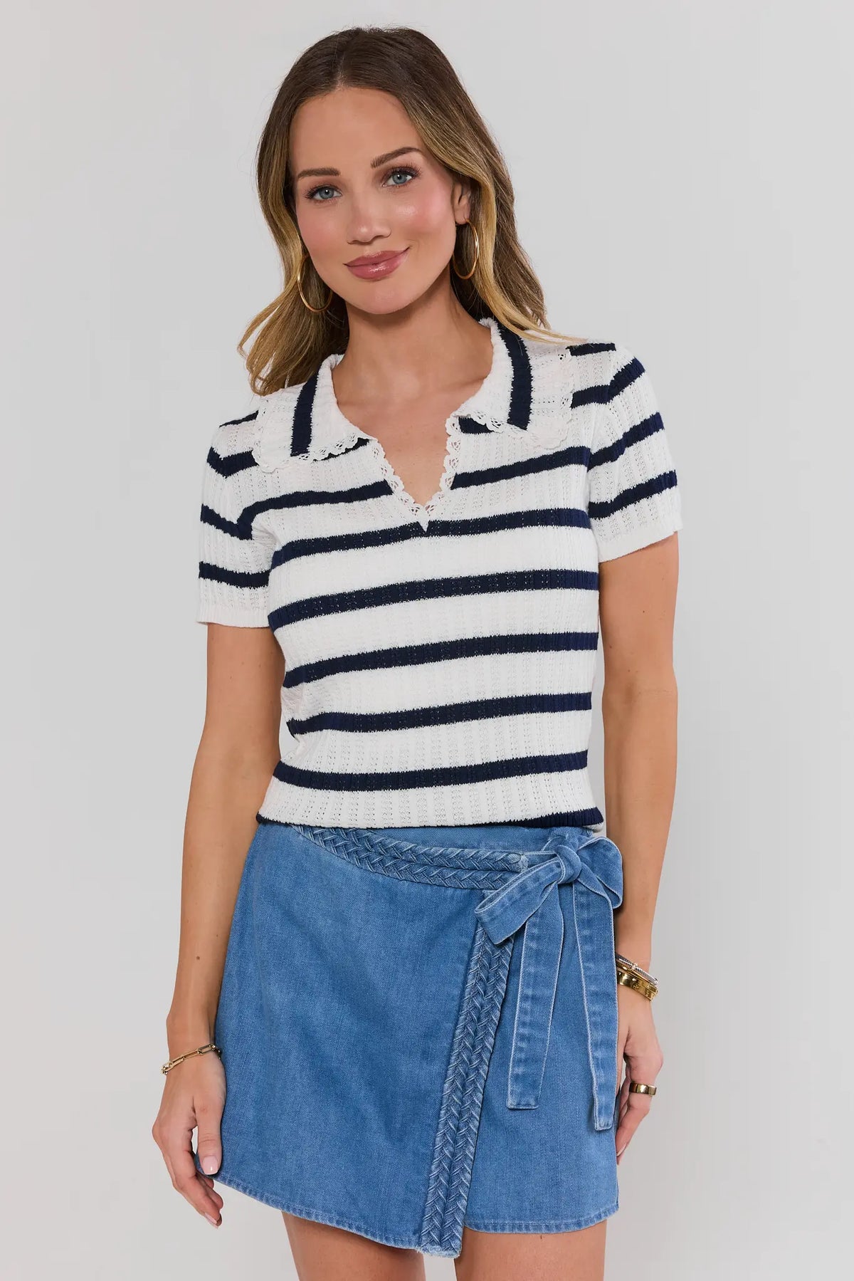 White Navy Striped Knit Top with crochet collar styled with denim skirt - Front View | Avara