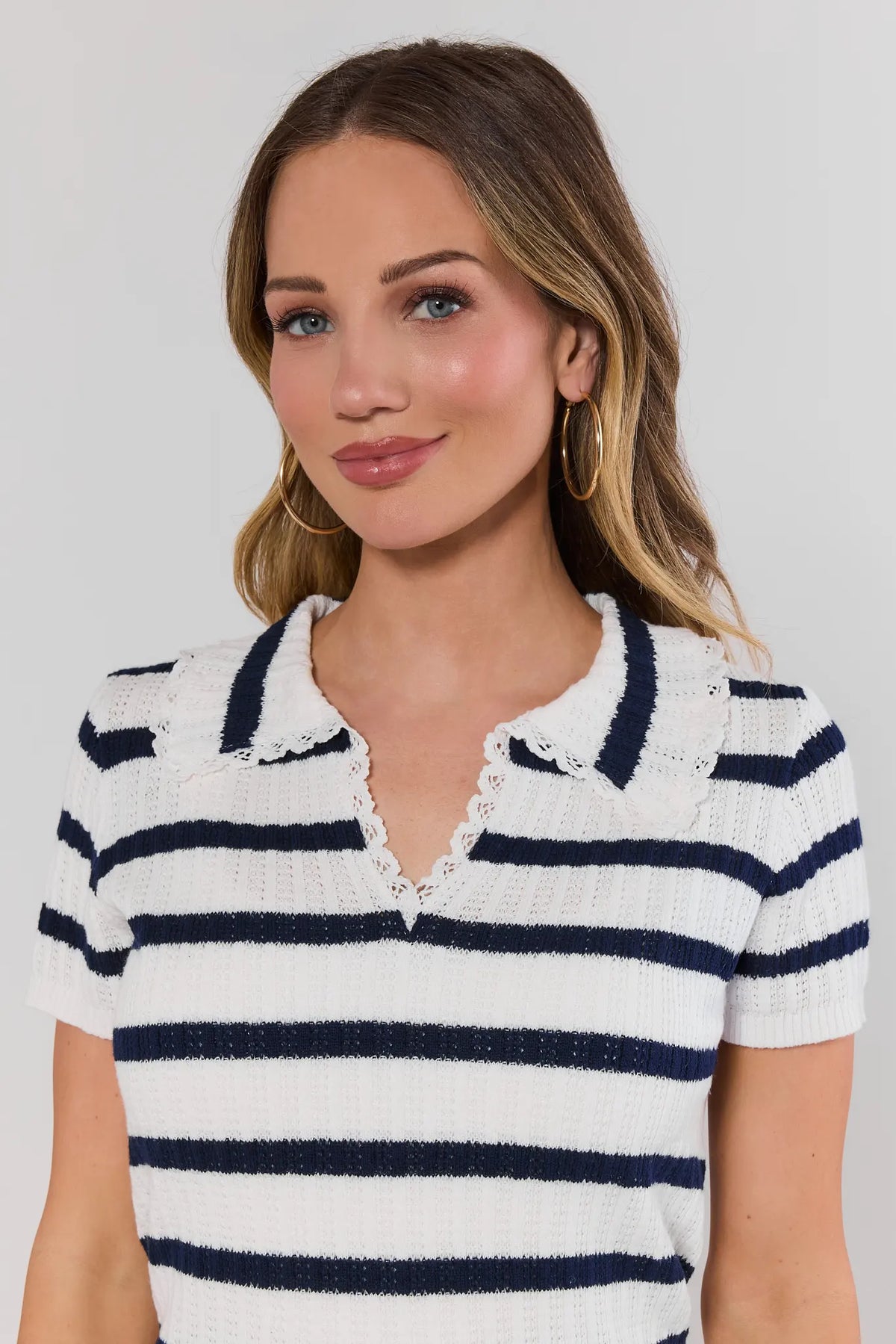 White Navy Striped Knit Top close-up showing crochet trim collar detail - Front Detail | Avara