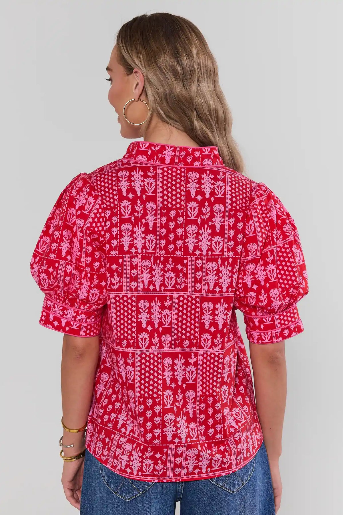 Dakota Red Floral Patchwork Top - Back View showing puff sleeves and allover print | Avara