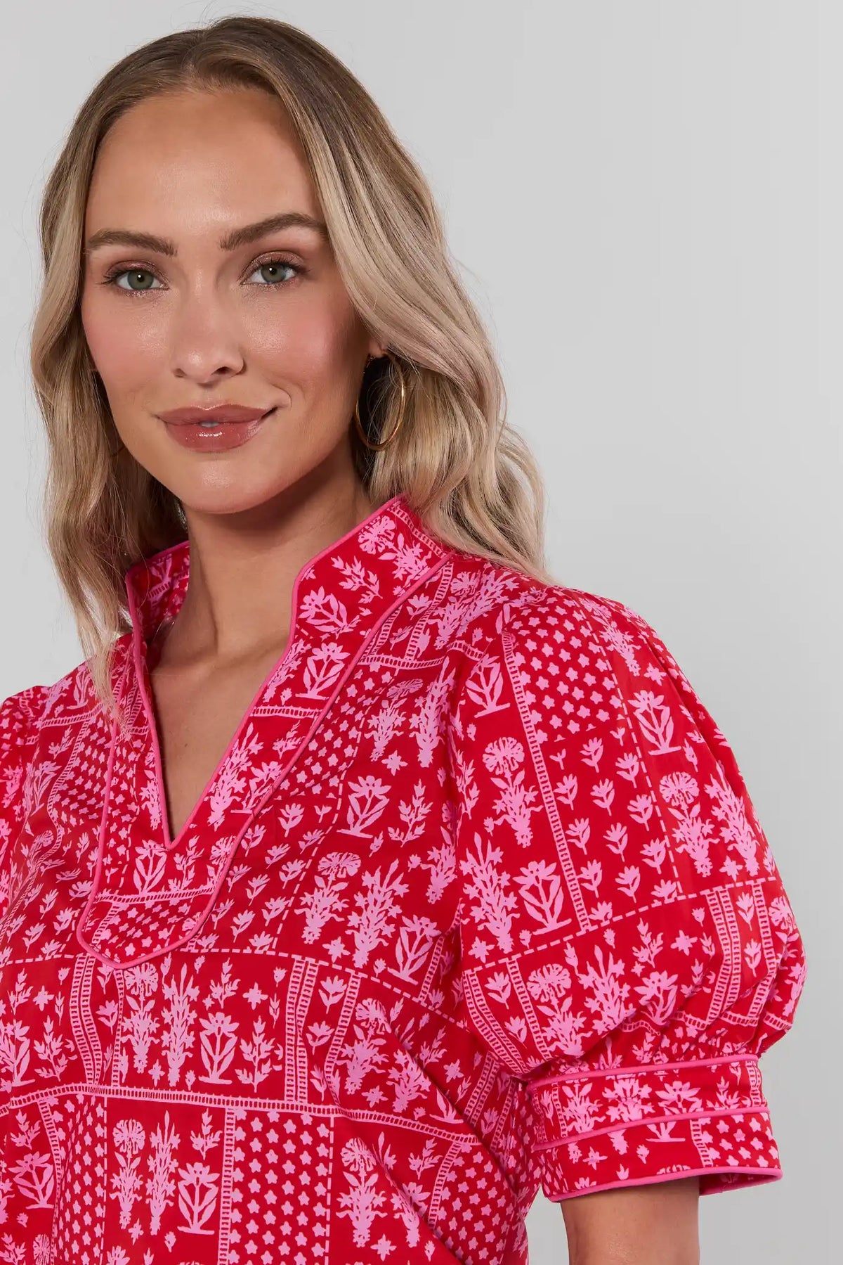Dakota Red Floral Patchwork Top - Split Neck & Puff Sleeve Close-Up Detail | Avara