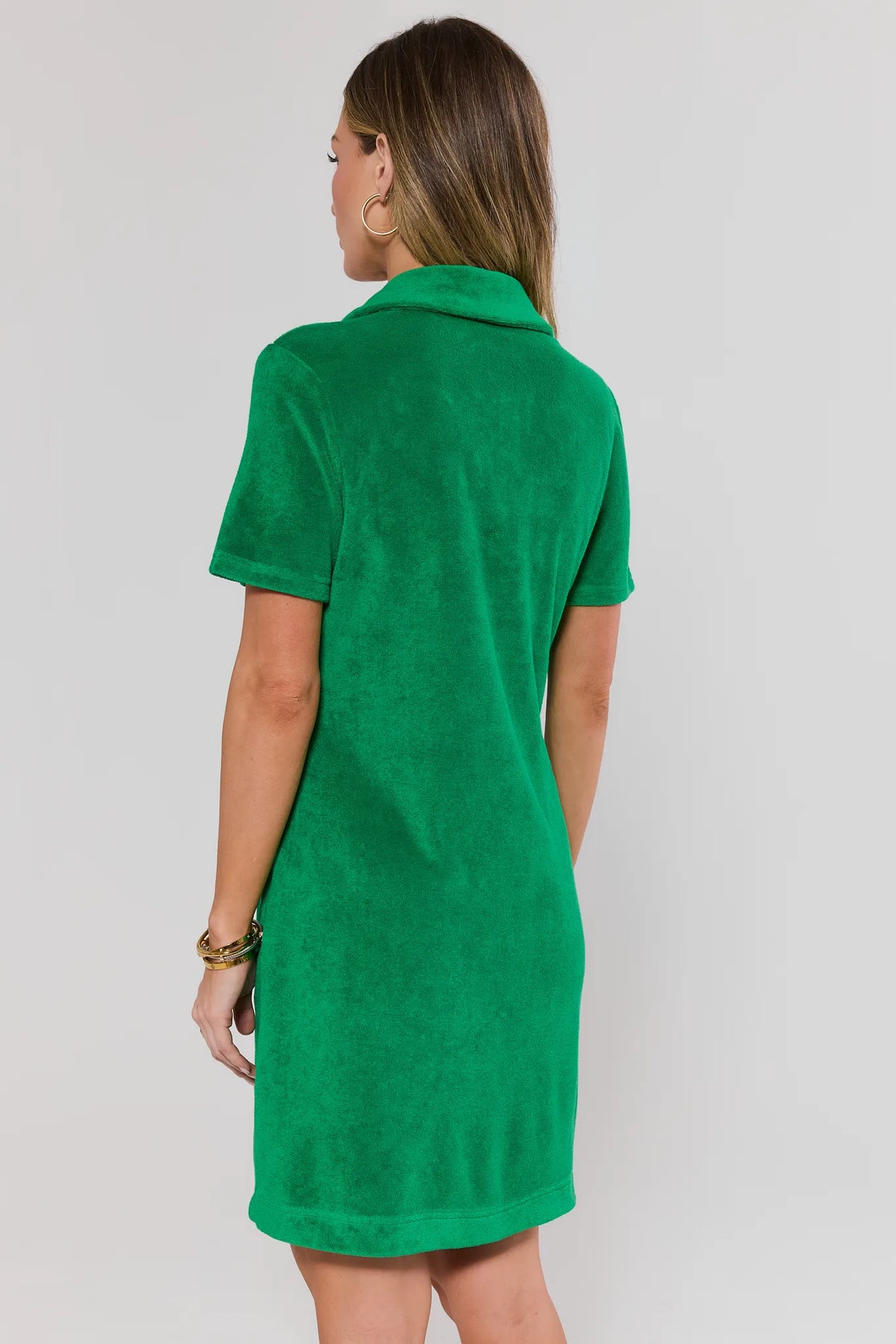 Green Terry Cloth Short Dress - Back View Showing Collar and Hem Length | Avara