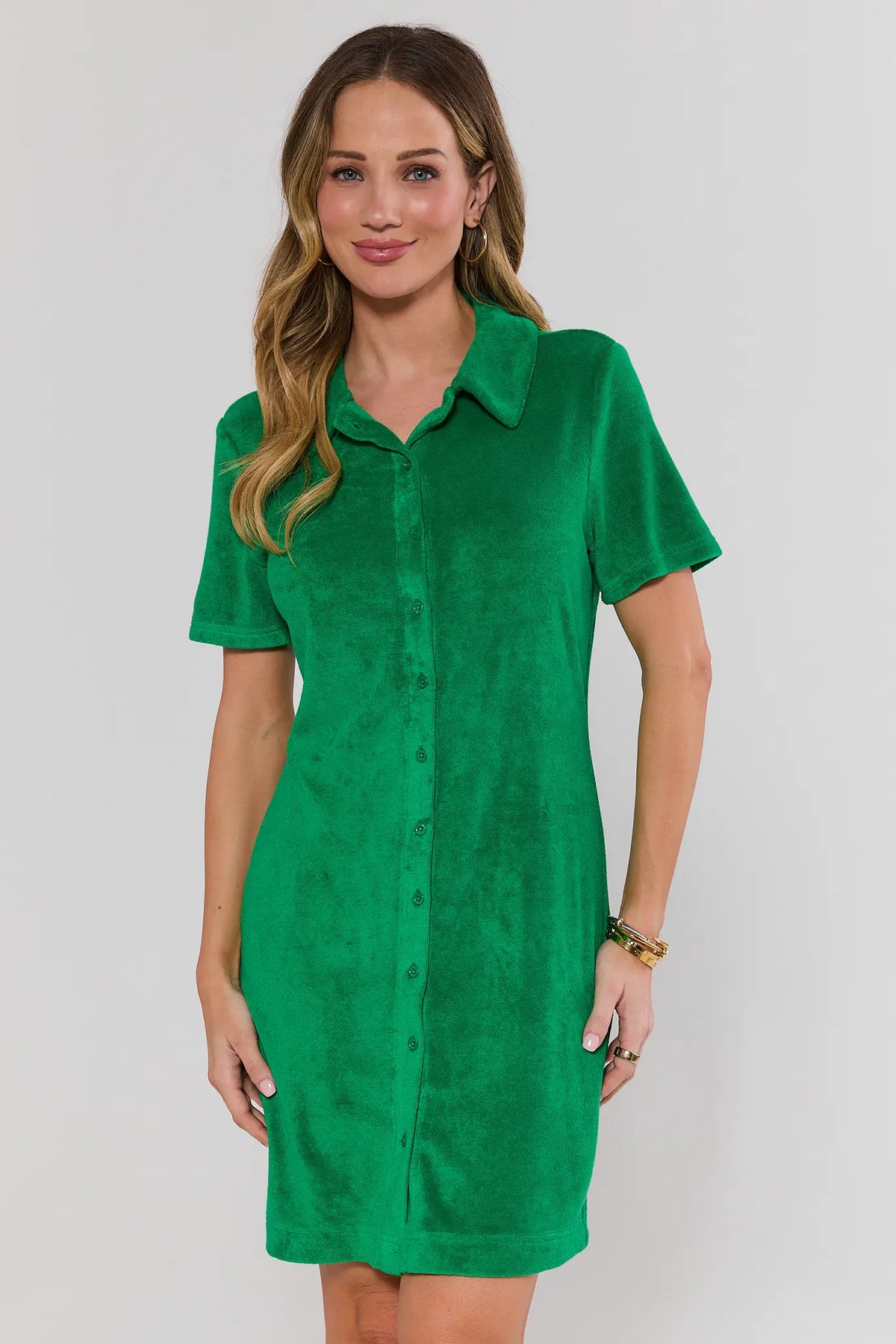 Green Terry Cloth Short Dress - Button-Front, Collared, Short Sleeve - Front View | Avara