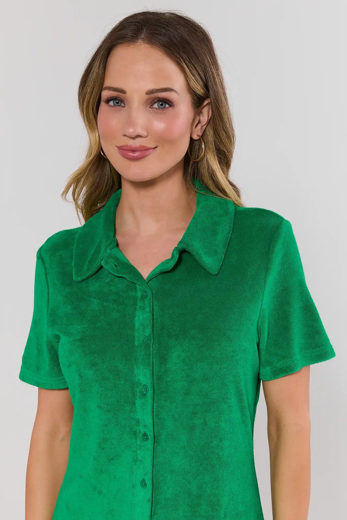 Green Terry Cloth Short Dress - Collar and Button Detail Close-Up | Avara