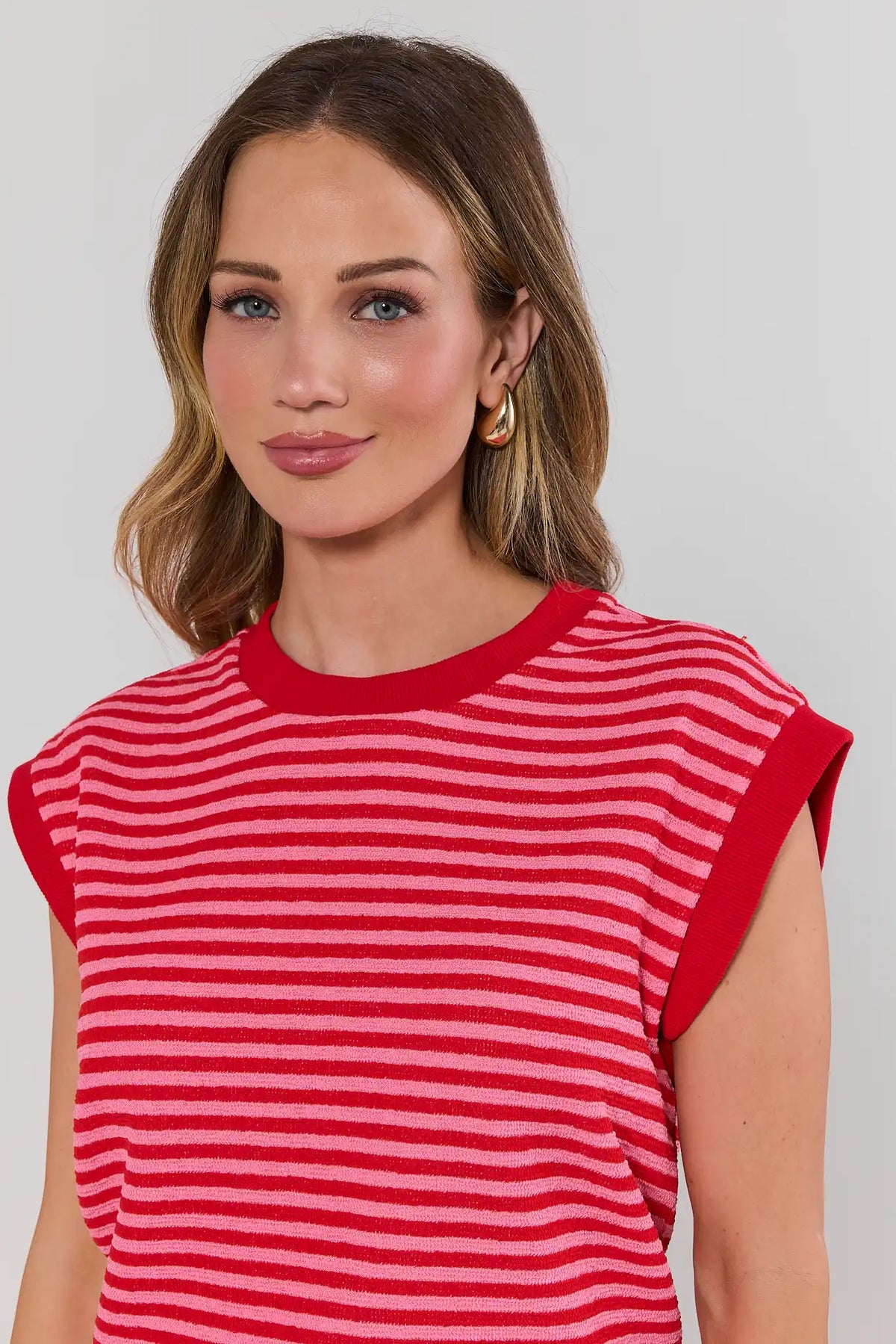 Pink & Red Striped Terry Cloth Cap Sleeve Top - Close-Up Front Detail | Avara