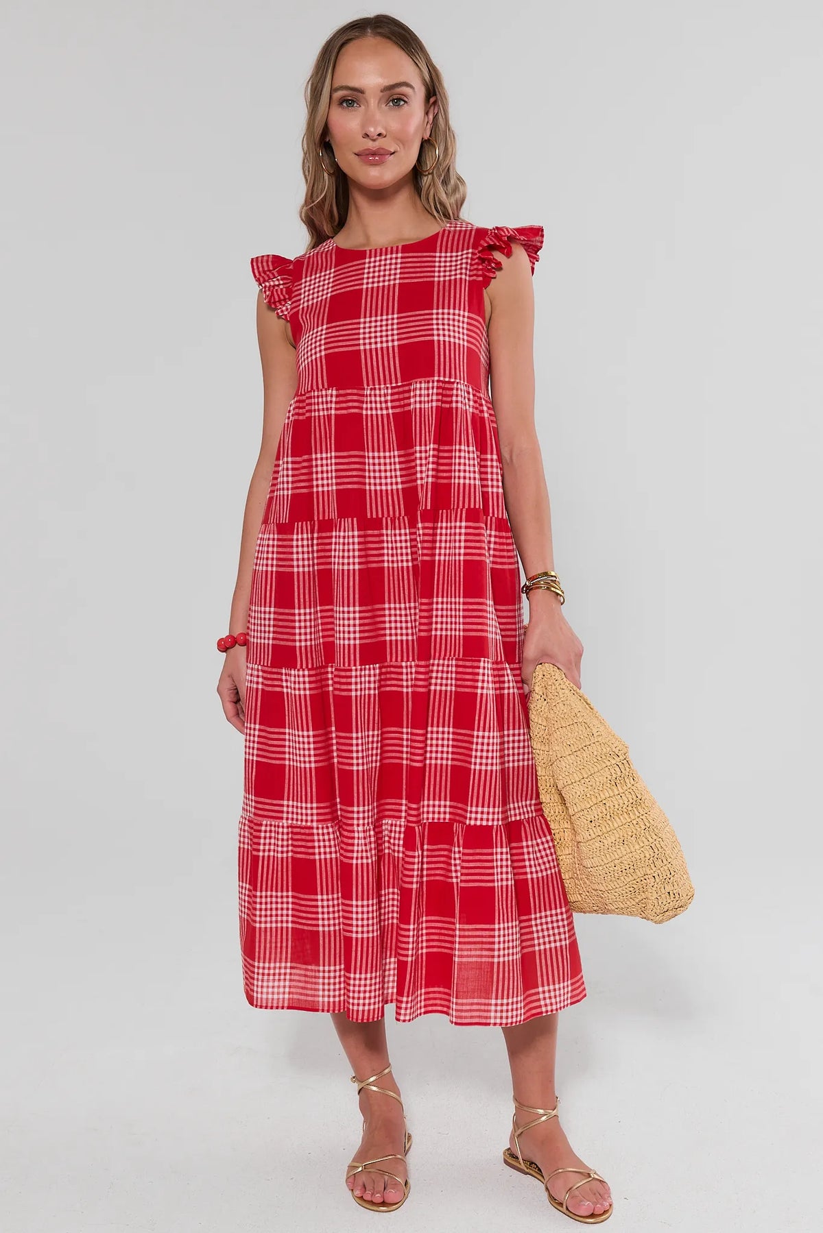 Red Plaid Flutter Sleeve Midi Dress, tiered flowy silhouette, front view on model | Avara