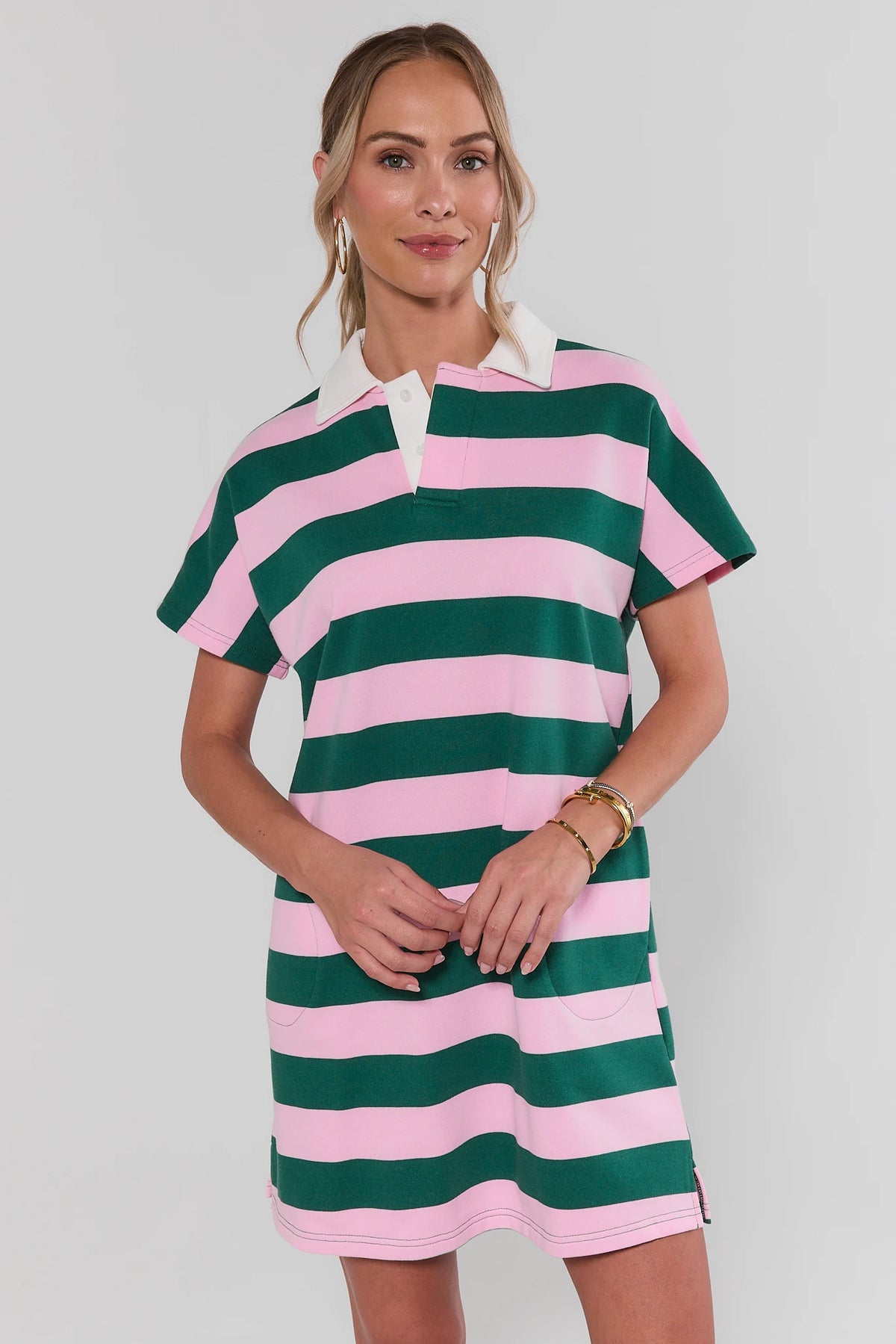Pink and Green Striped Polo Dress - Front View, White Contrast Collar | Avara