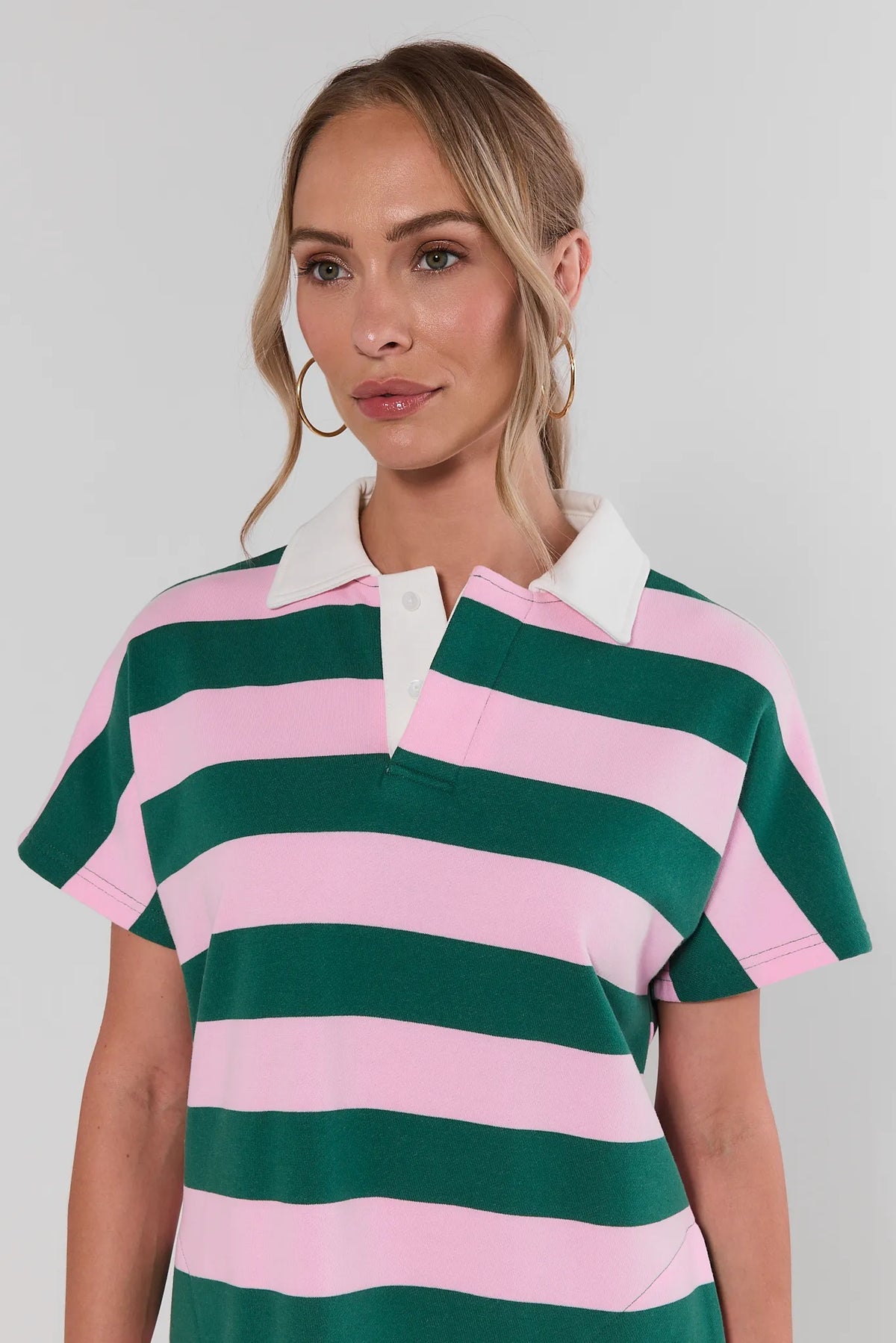 Pink and Green Striped Polo Dress - Close-Up Collar Detail, Women's Polo Dress | Avara