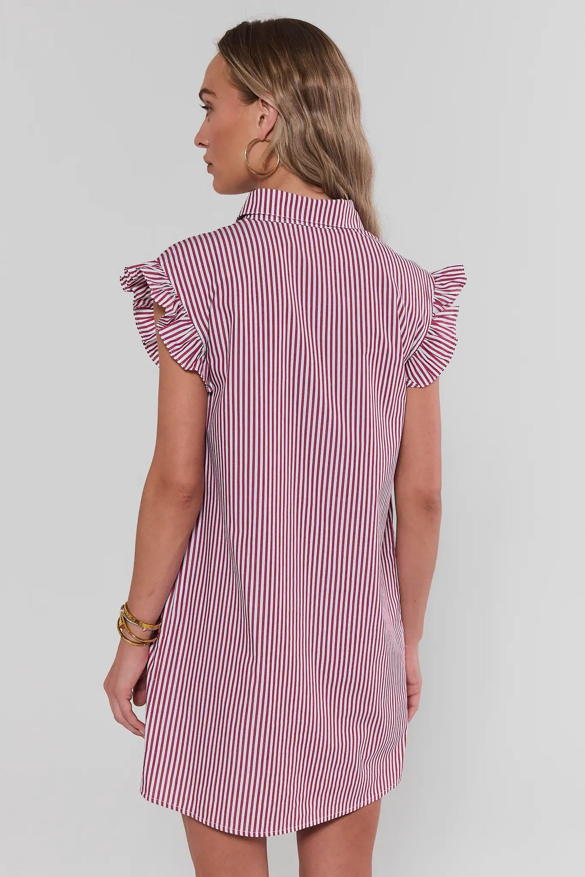 Neacie Red Striped Short Dress - Back View Showing Ruffle Sleeves, Collar & Stripe Pattern | Avara