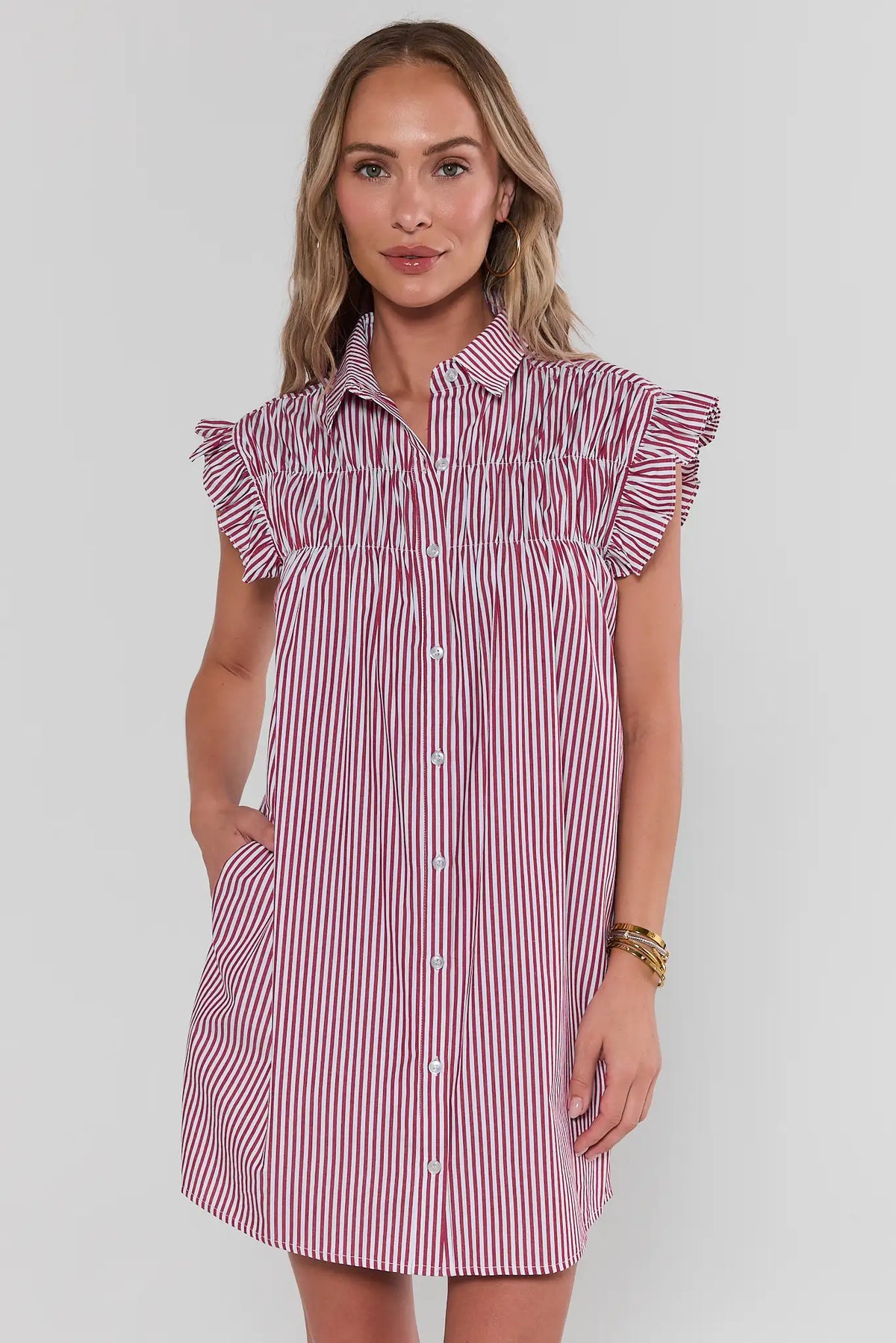 Neacie Red Striped Short Dress - Front View, Button-Down Shift with Ruffle Sleeves & Collar | Avara