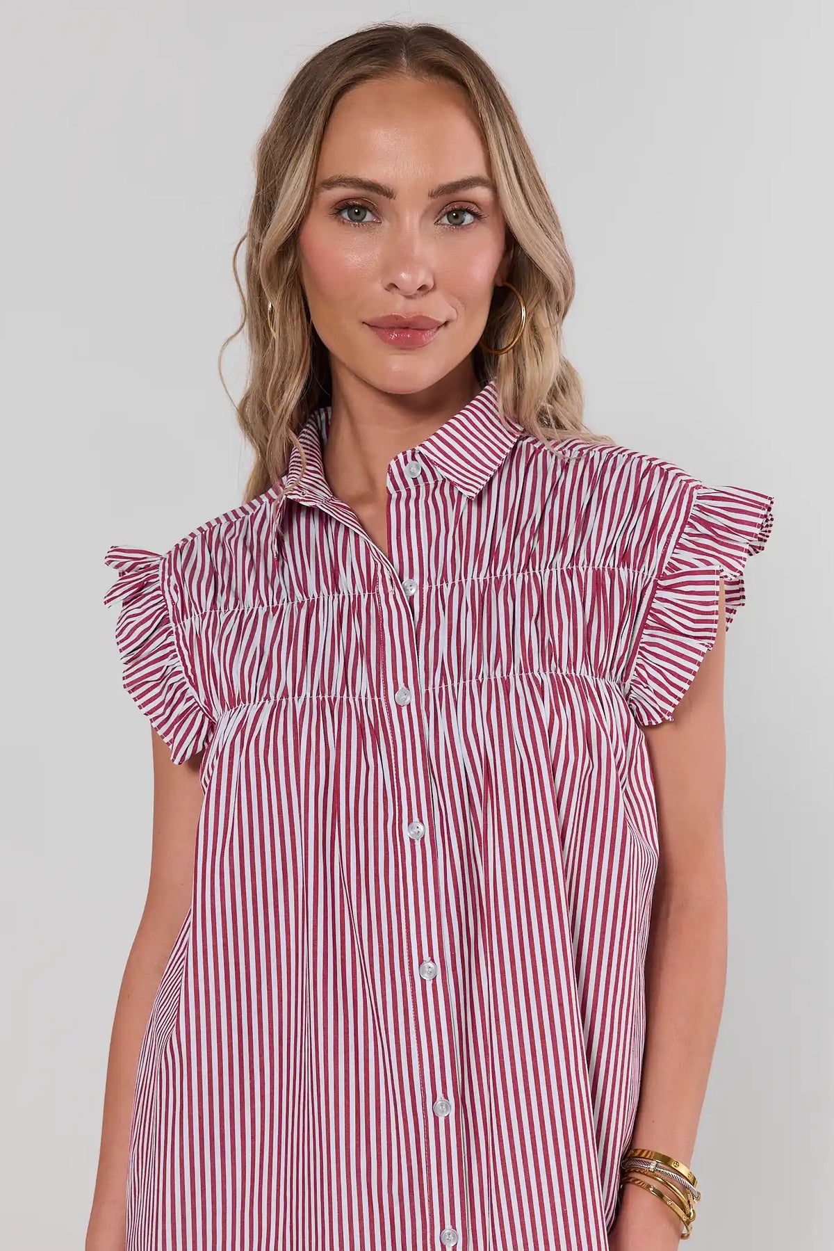 Neacie Red Striped Dress - Close-Up of Ruffle Cap Sleeves, Smocked Yoke, Collar & Button Detail | Avara