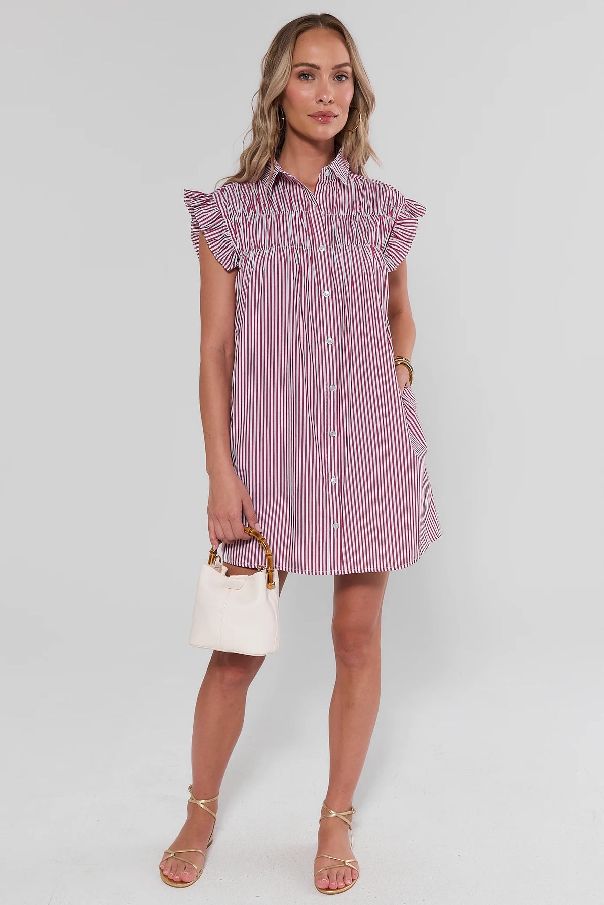 Neacie Red Striped Short Dress - Full-Length Styled Look with Gold Sandals & White Mini Bag | Avara