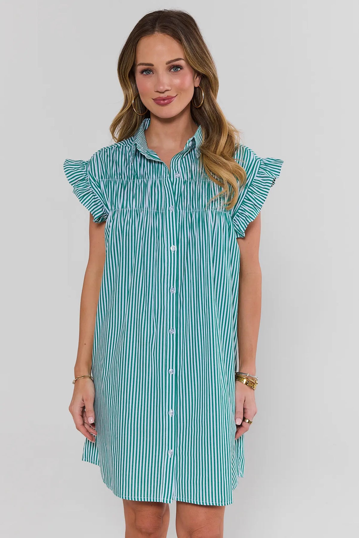 Neacie Green Striped Short Dress with ruffle sleeves and button-front shift silhouette - Front View | Avara