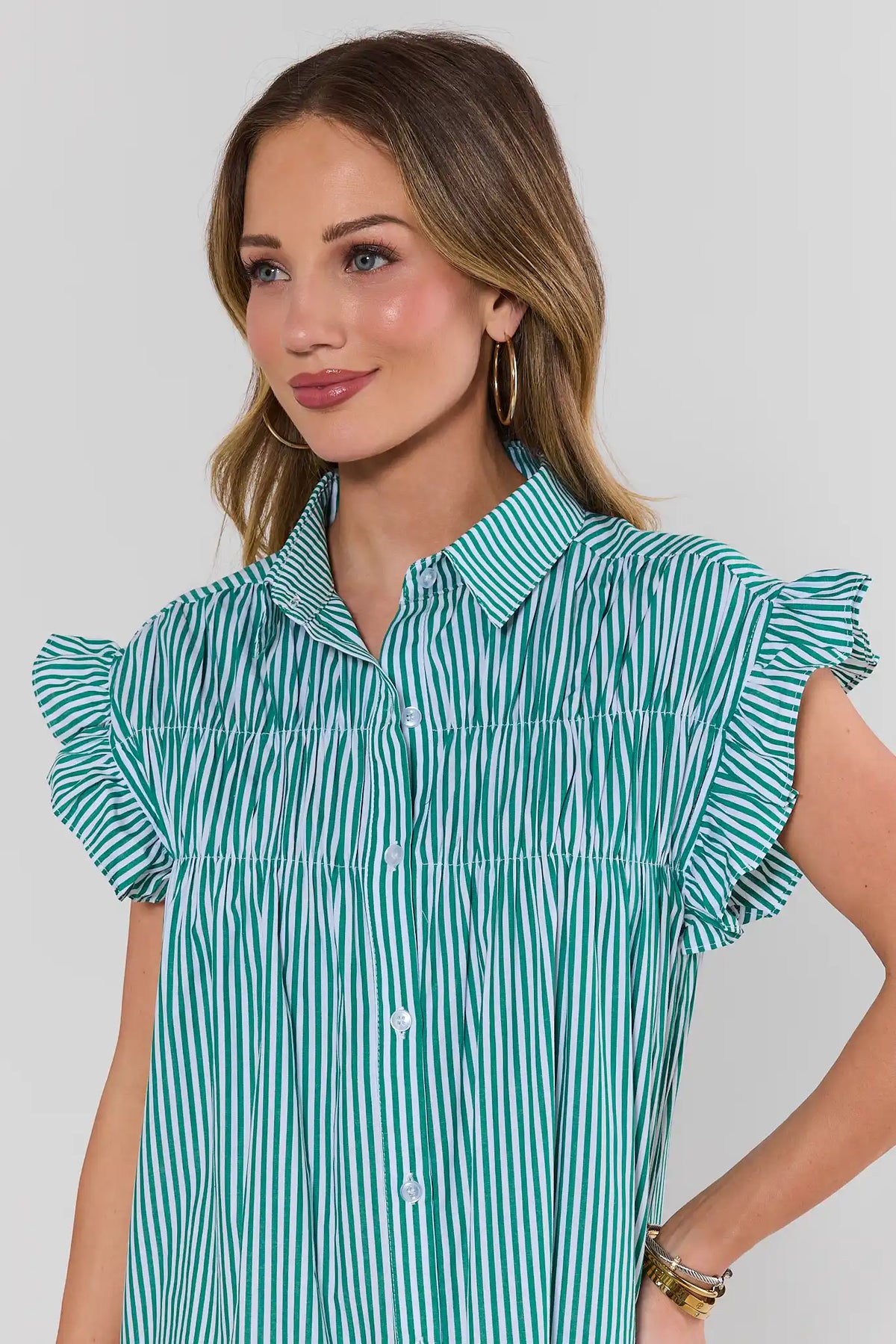 Neacie Green Striped Short Dress ruffle sleeve and collared neckline close-up detail | Avara