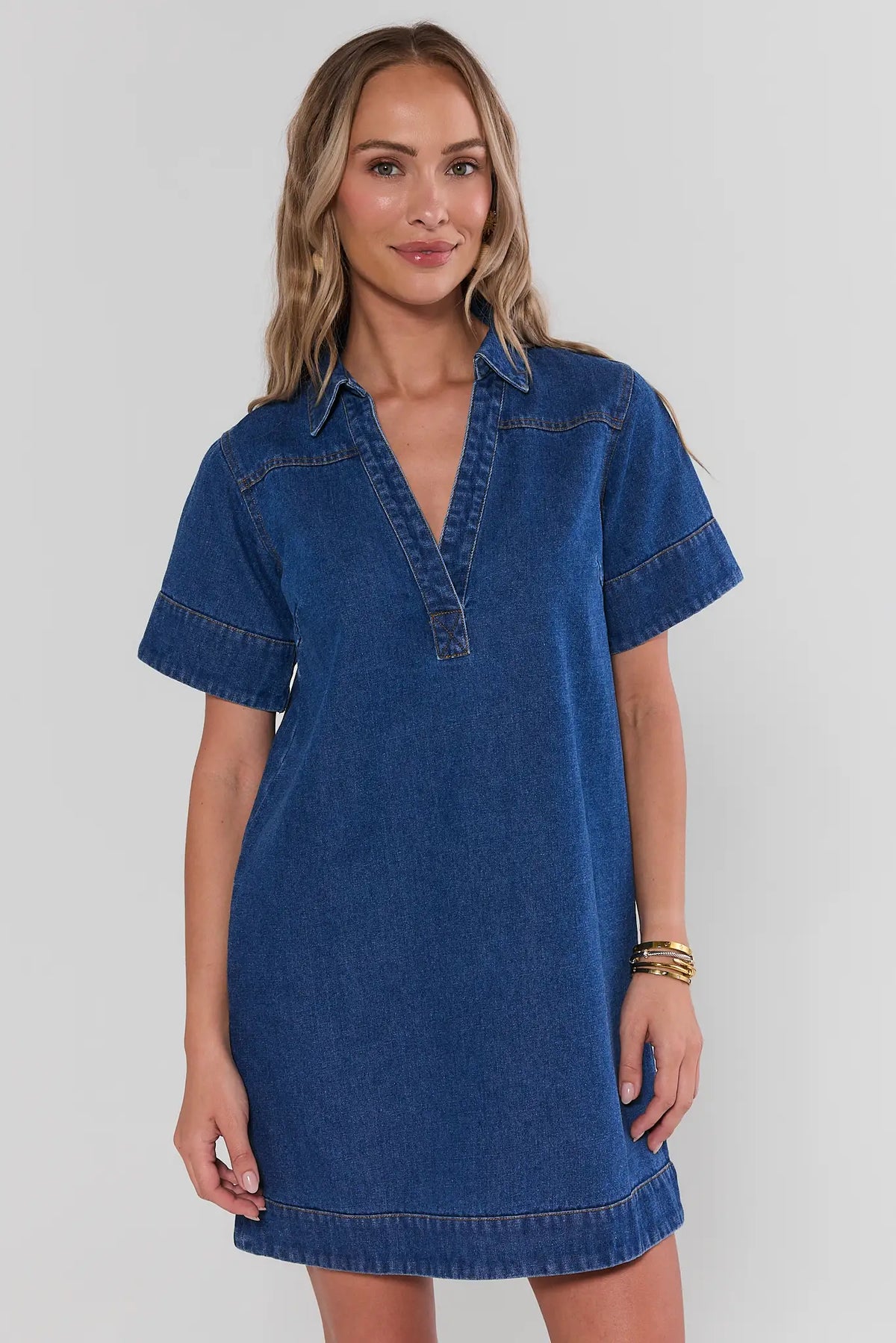 Medium Wash Denim Short Dress, collared V-neck, short sleeves - Front View | Avara