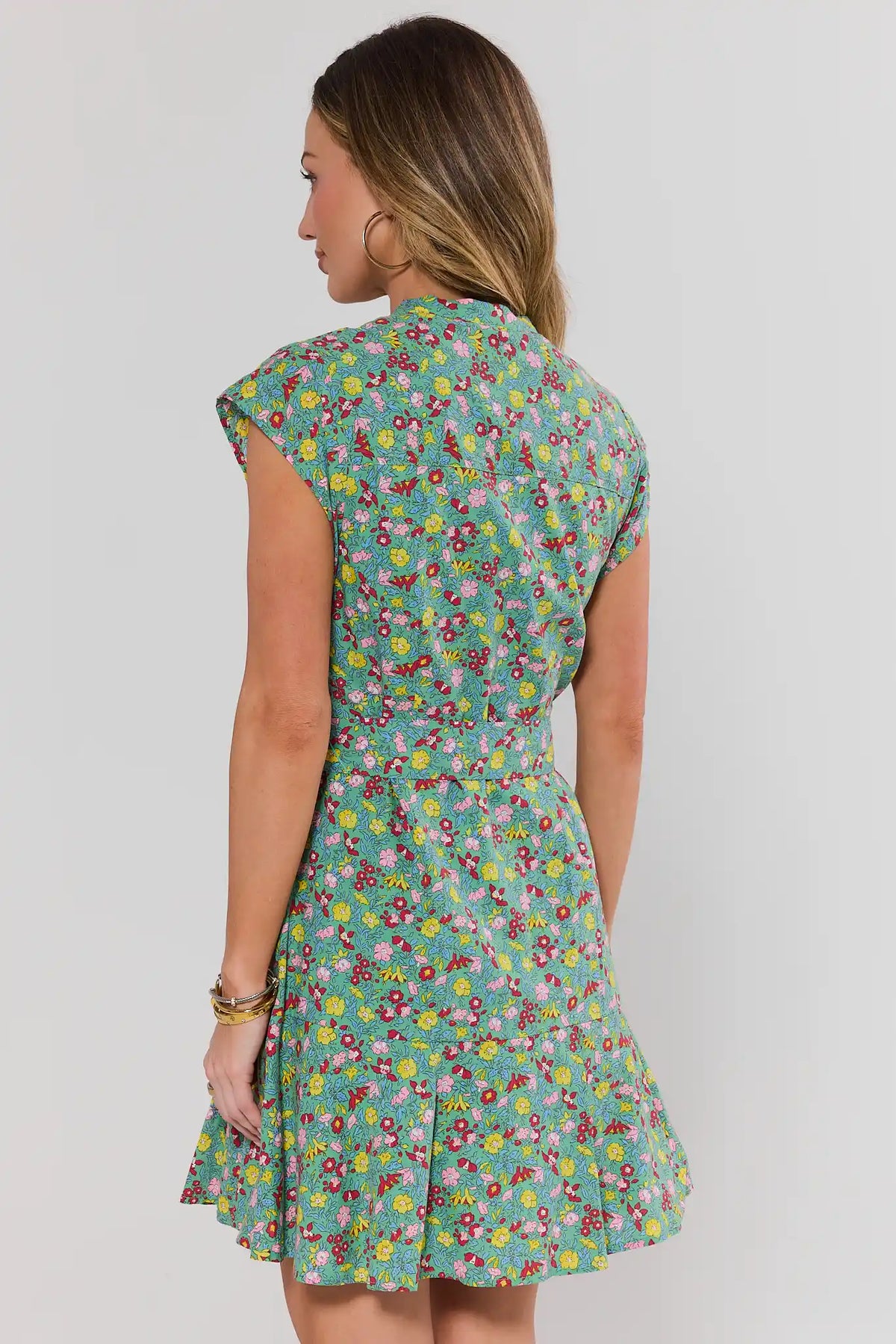 Erica Green Floral Short Dress with tie waist and ruffle hem - Back View | Avara