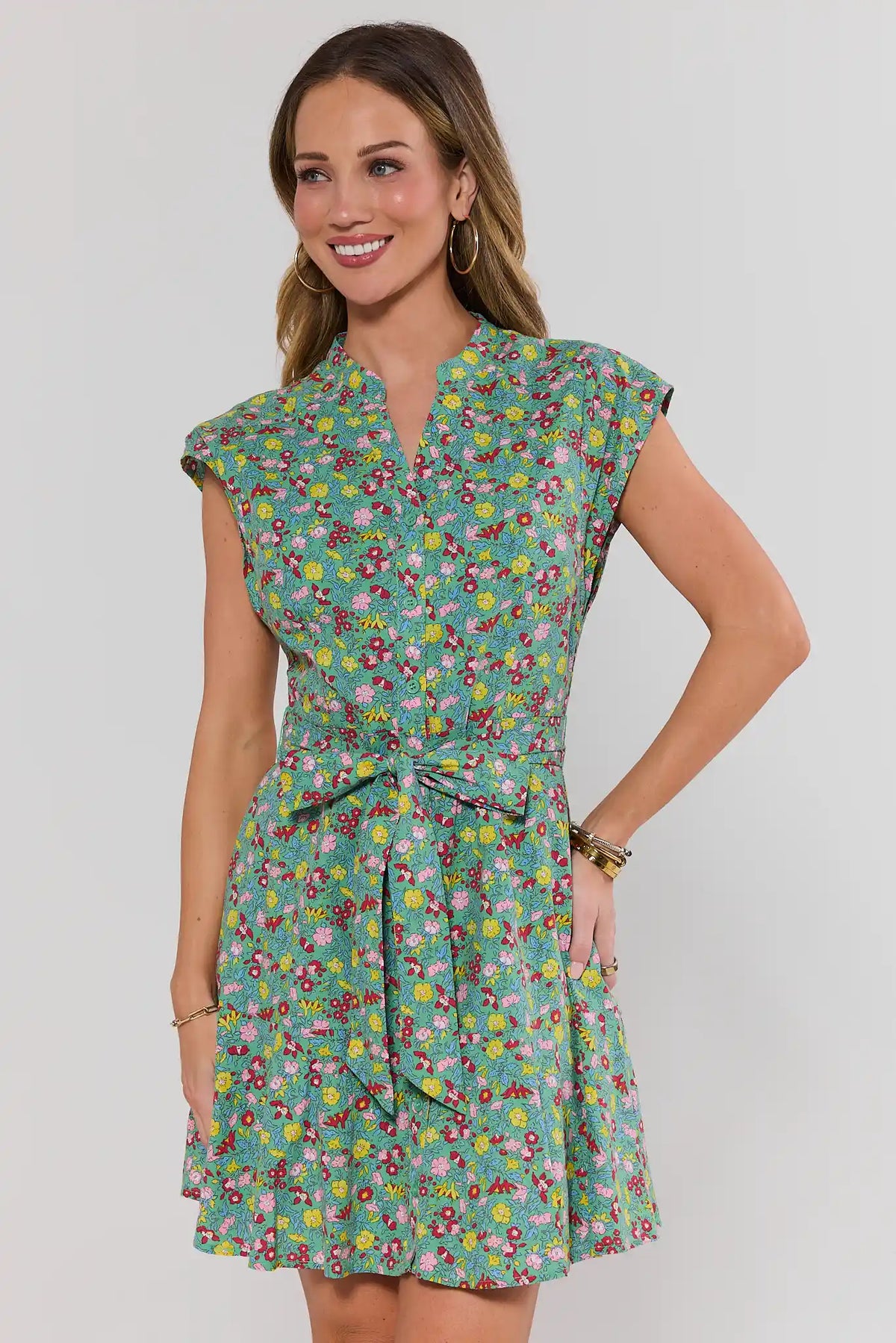 Erica Green Floral Short Dress with tie waist and cap sleeves - Front View | Avara