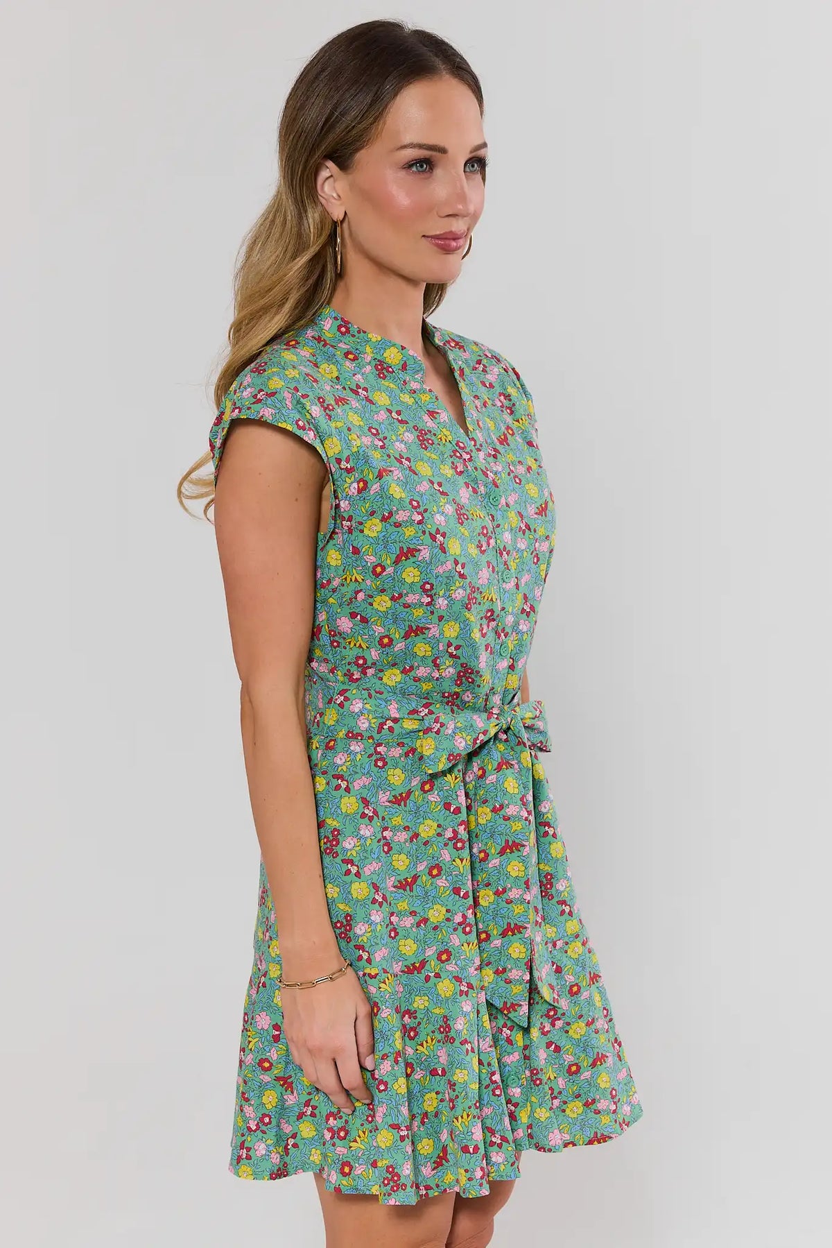 Erica Green Floral Short Dress cap sleeve and A-line skirt - Side Profile | Avara