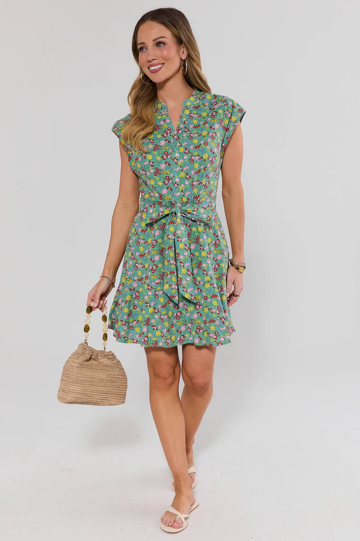 Erica Green Floral Short Dress styled with woven bag and sandals - Full Length | Avara