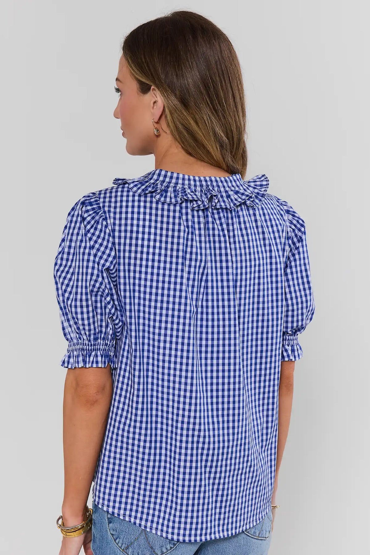 Madison Blue Gingham Button Up Top ruffle neckline and smocked cuffs - Back View | Avara