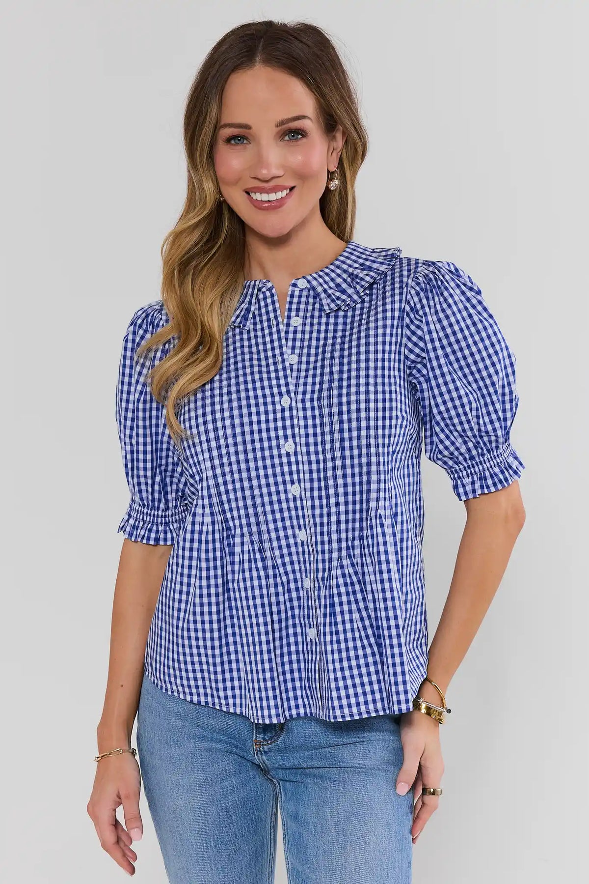 Madison Blue Gingham Button Up Top with ruffle collar and smocked cuffs - Front View | Avara