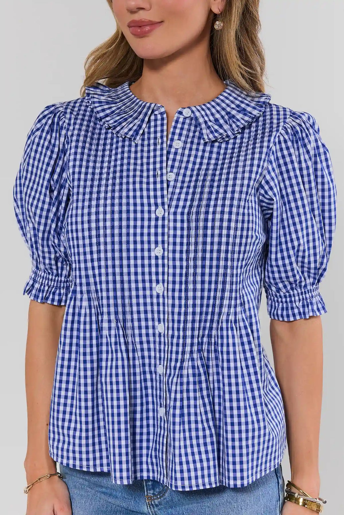Madison Blue Gingham Button Up Top ruffle collar and smocked cuff detail - Close-Up | Avara