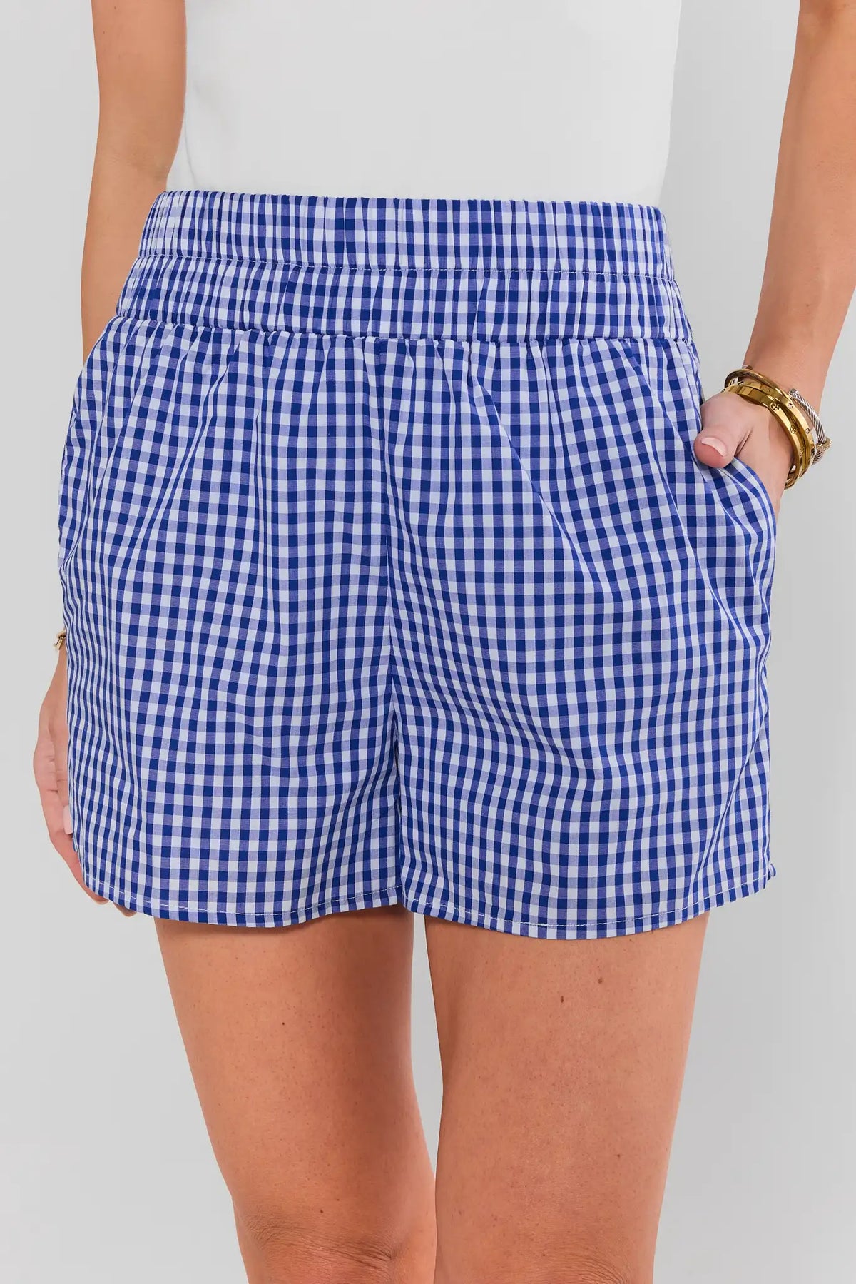 Blue gingham shorts women - elastic waist close-up front detail with side pockets | Avara