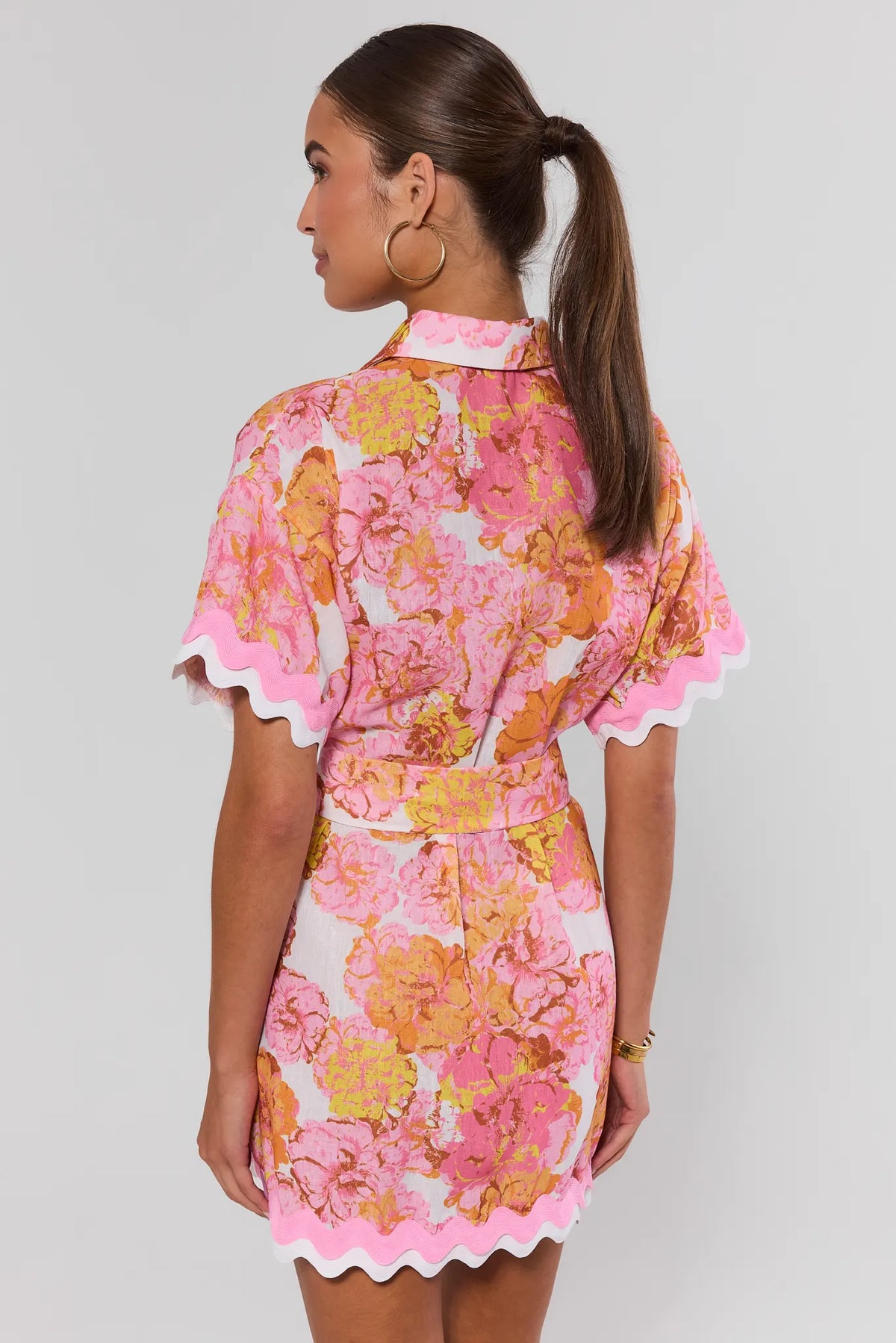 Marisol Pink Floral Print Short Dress with ric rac sleeve trim - Back View | Avara