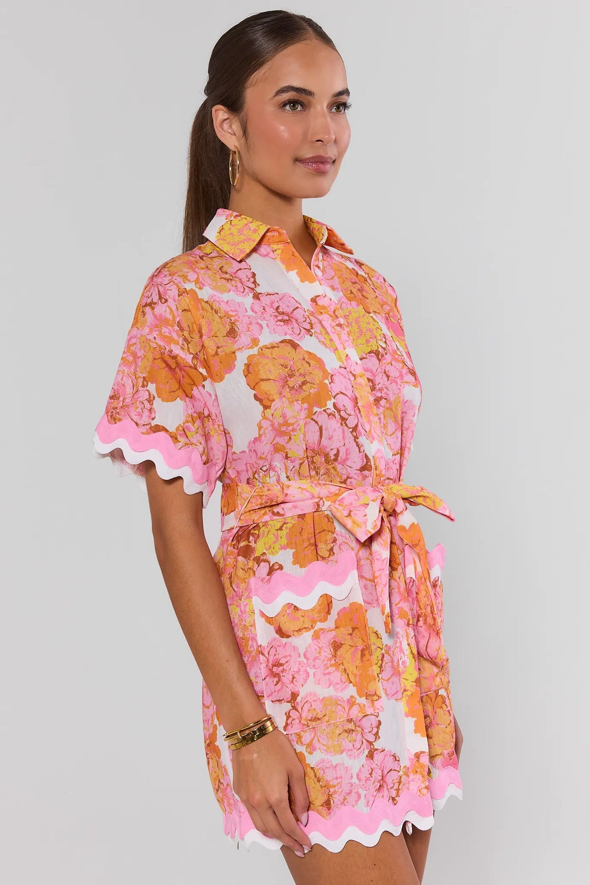 Pink and orange floral mini shirt dress with scallop hem and tie waist - Side Profile | Avara