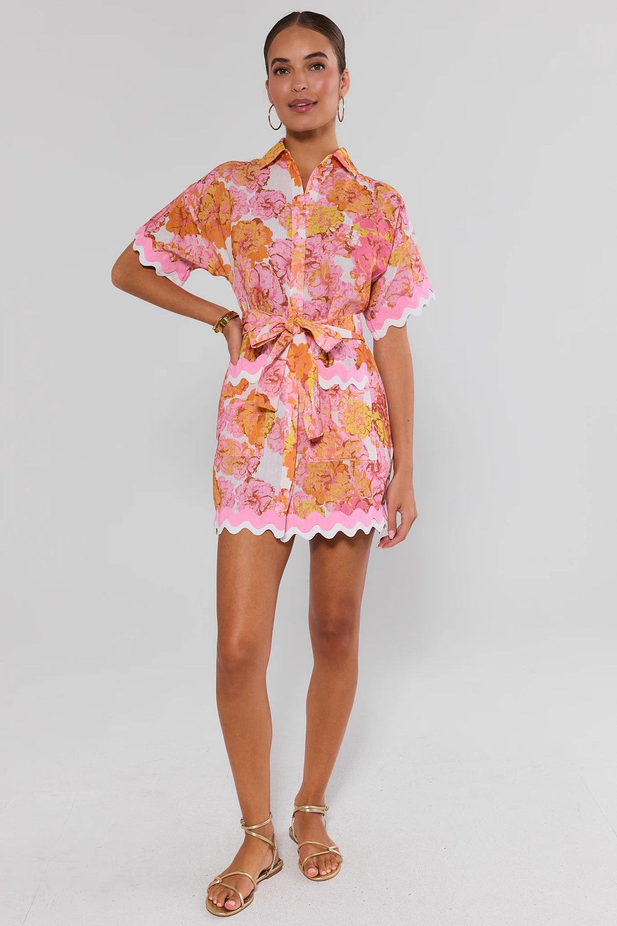 Marisol Pink Floral Print Short Dress styled with gold sandals - Full Length Front View | Avara