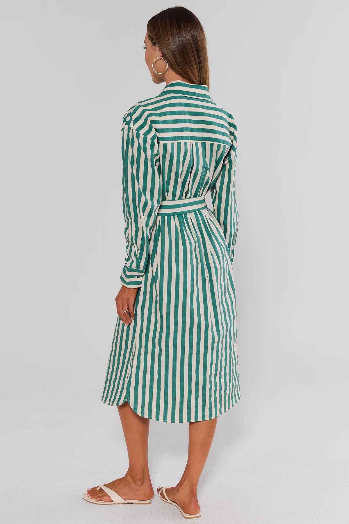 Green striped modest midi shirt dress with long sleeves - Back View On Model | Avara