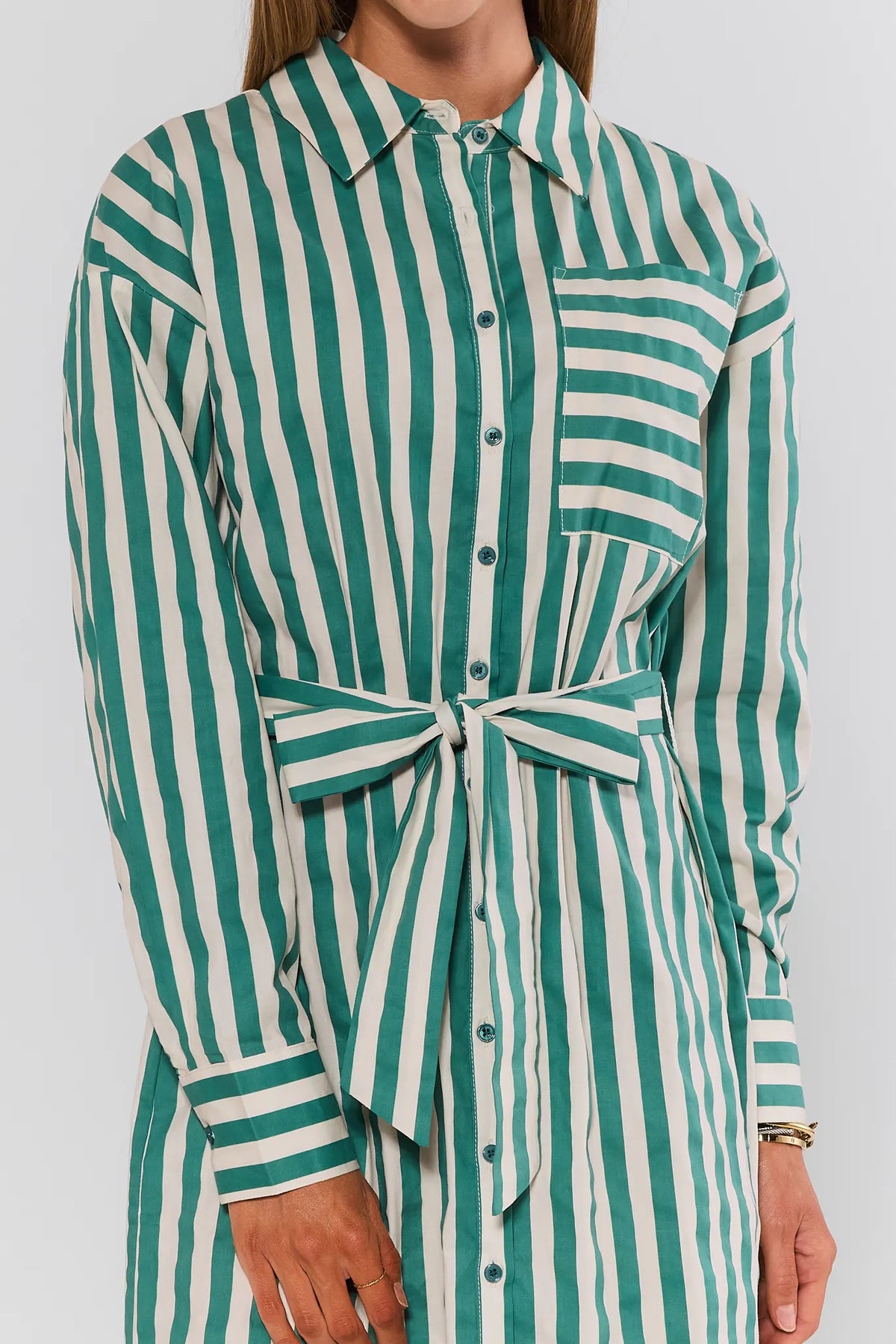 Green striped midi dress button front and self-tie waist knot - Close-Up Detail | Avara