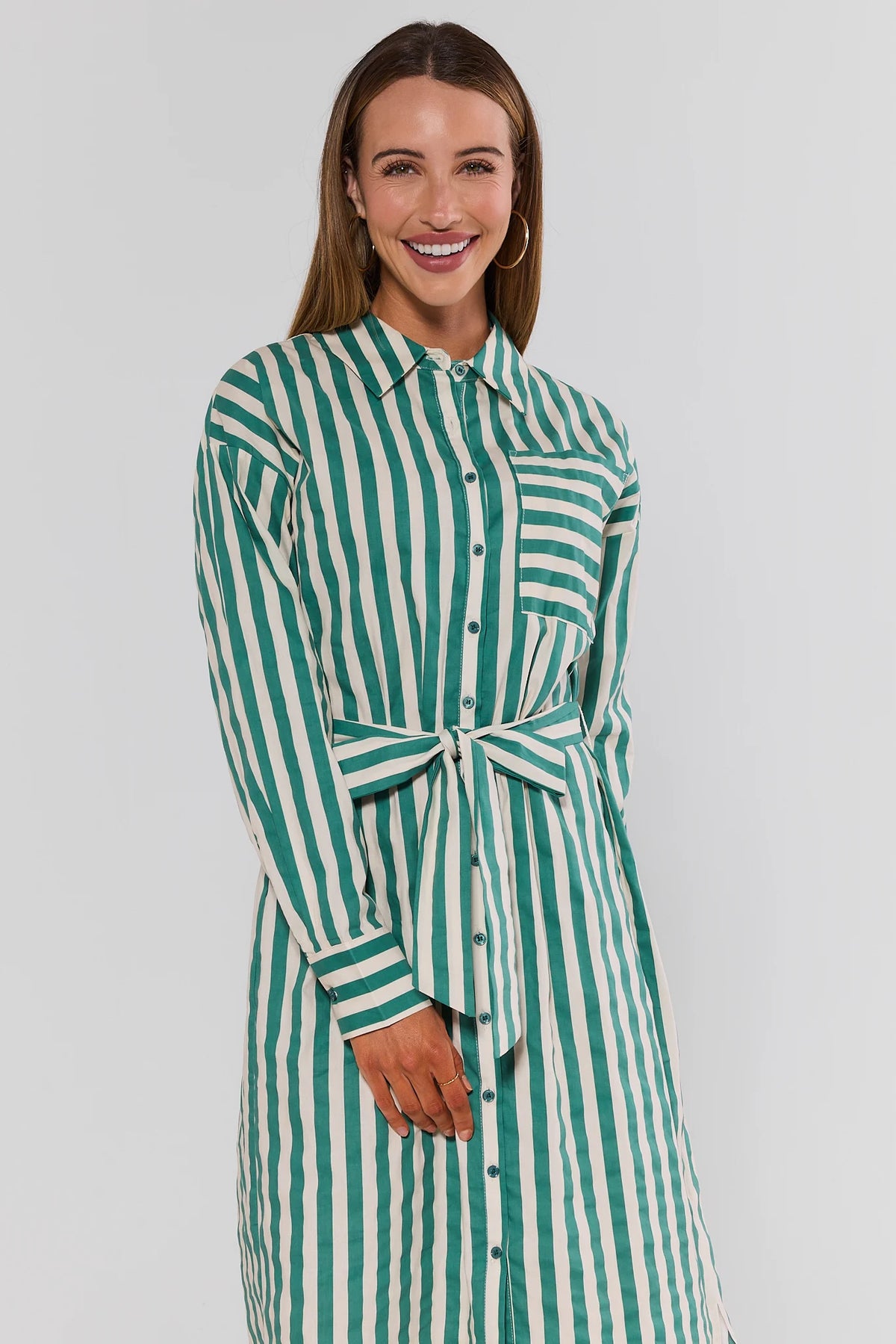 Green and cream striped button-up midi dress - Three-Quarter Front View On Model | Avara