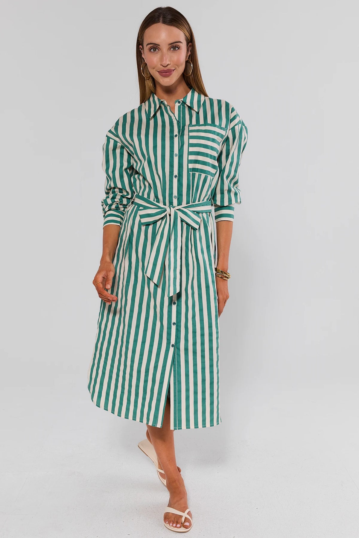 Green striped button-up midi dress with tie waist - Full Front View On Model | Avara