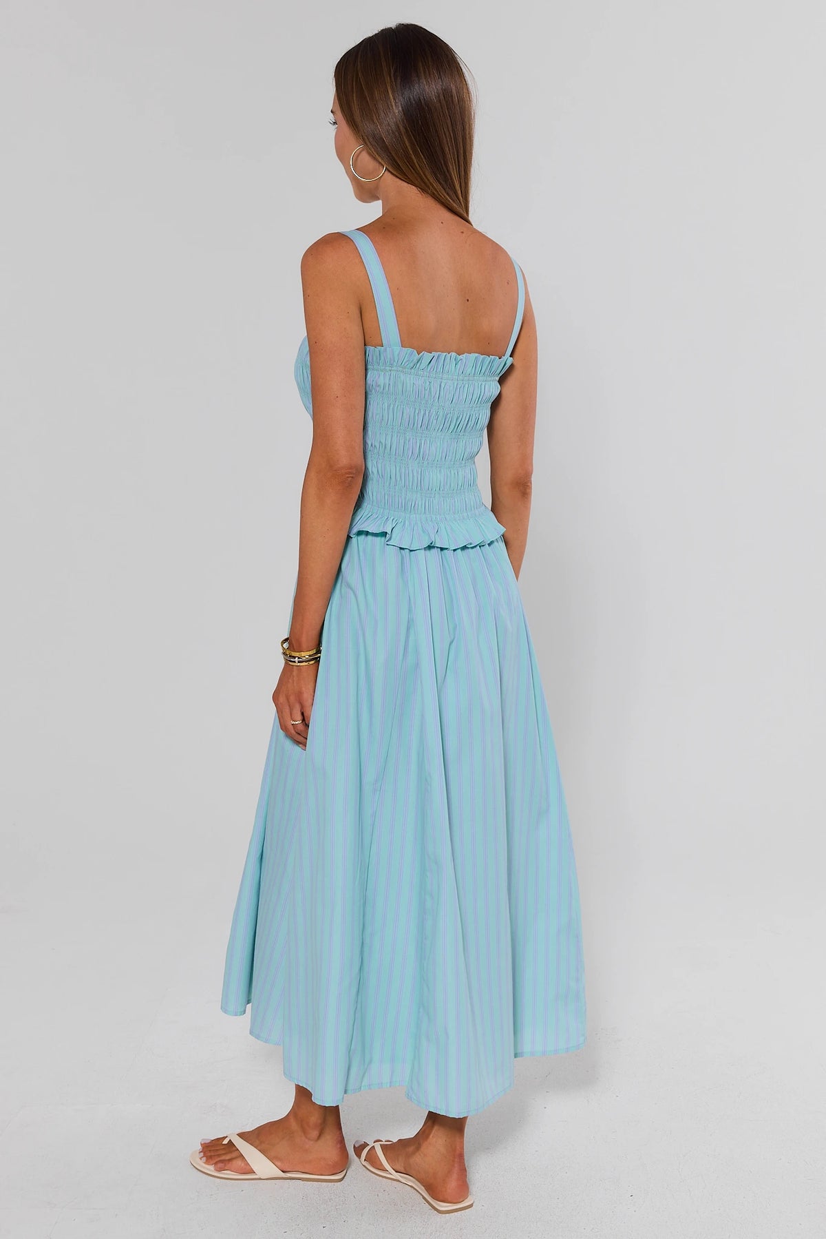 Mint Stripe Smocked Maxi Dress - Back View, Flowy Striped Skirt & Ruffle Waist | Avara