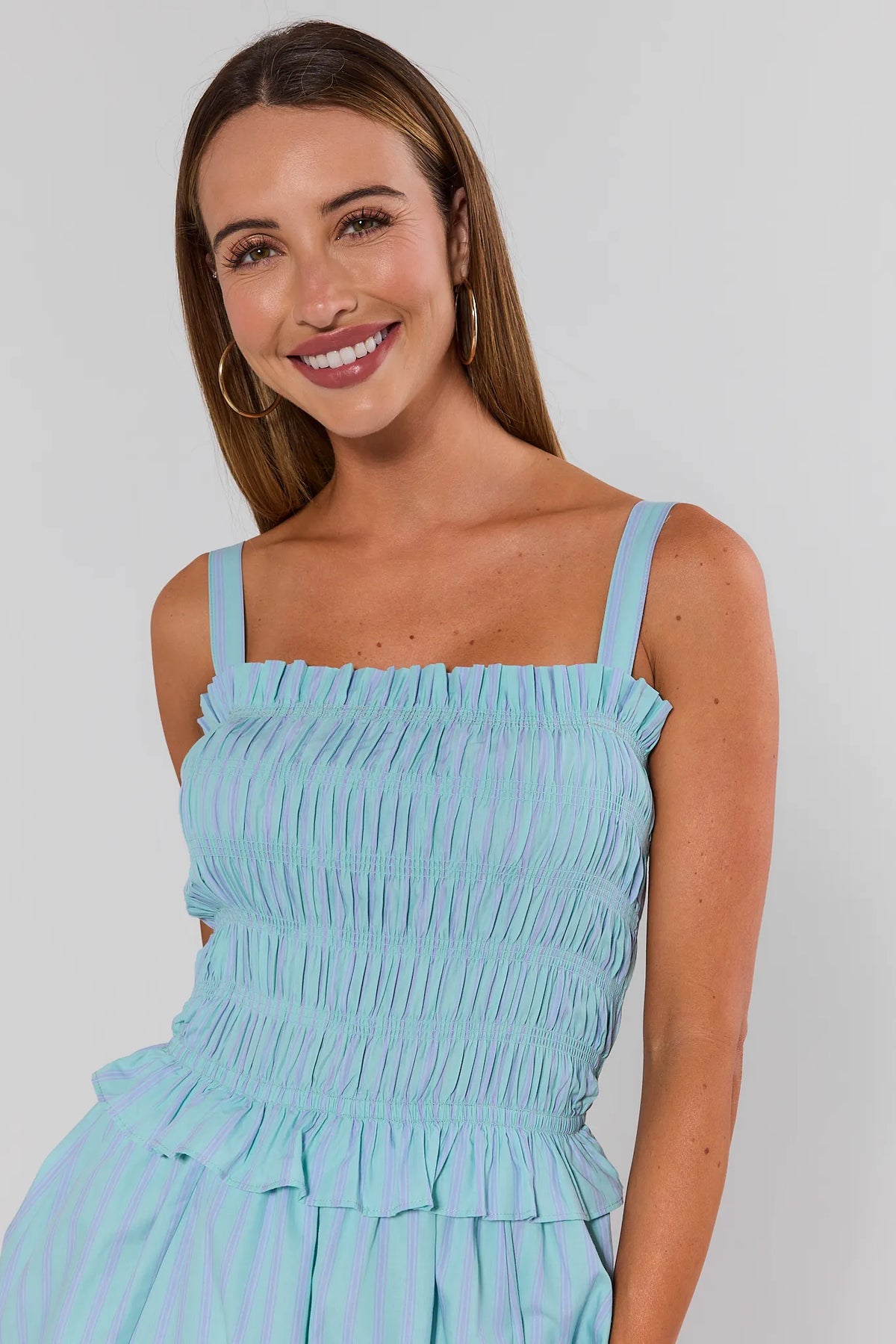 Mint Stripe Smocked Maxi Dress - Close-Up Smocked Bodice Detail, Square Neckline | Avara