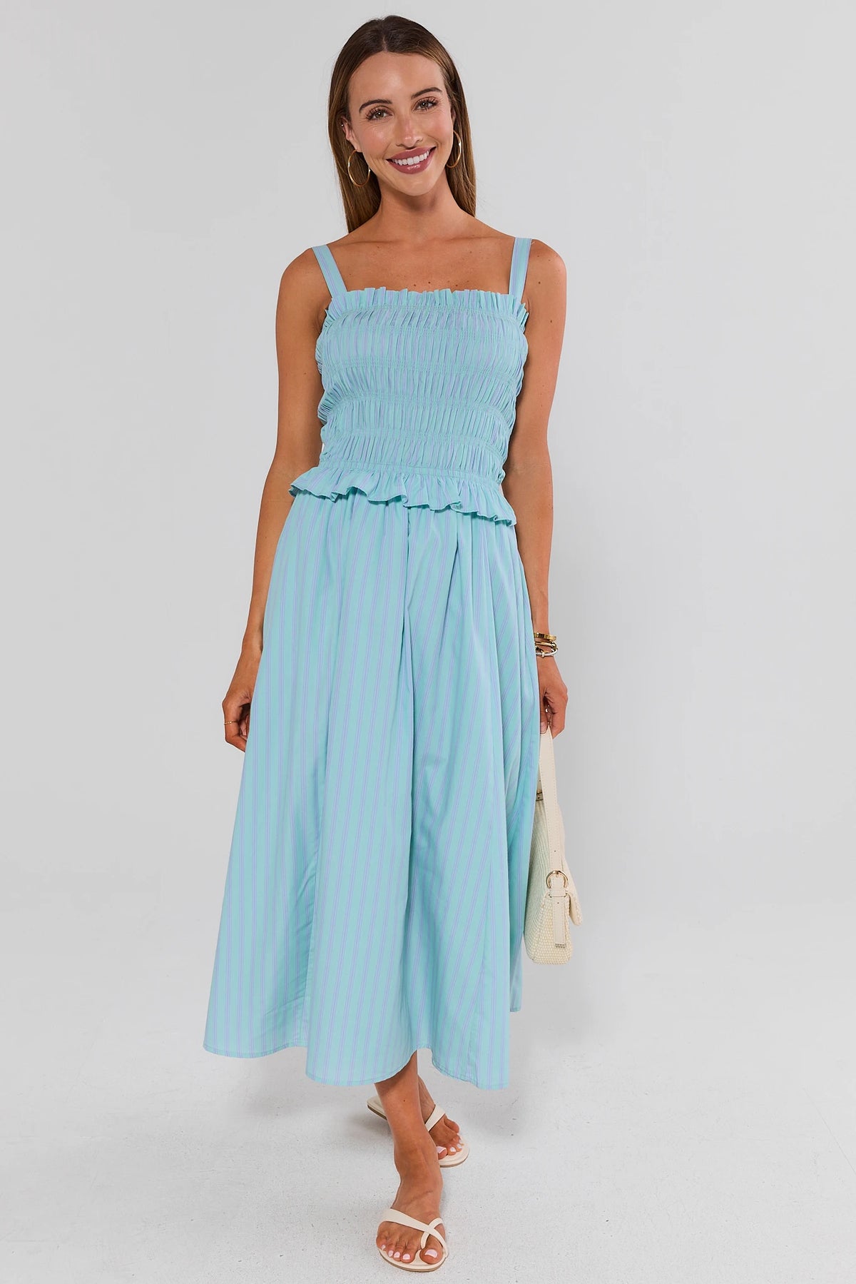 Mint Stripe Smocked Maxi Dress - Full Front View, Flowy Striped Skirt & Ruffle Hem | Avara