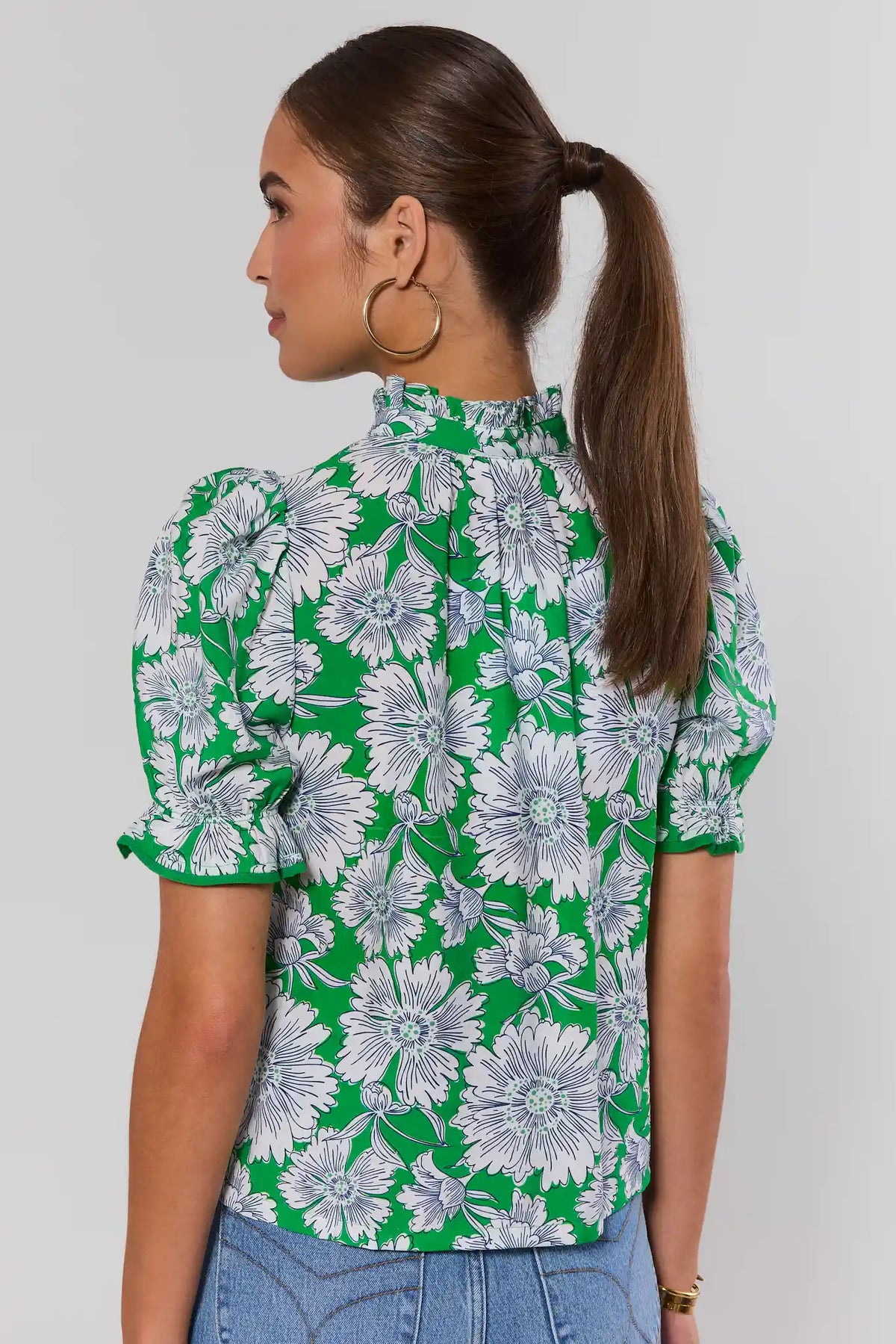 Naomi Green Floral Puff Sleeve Top showing ruffle back neckline and allover print - Back View | Avara