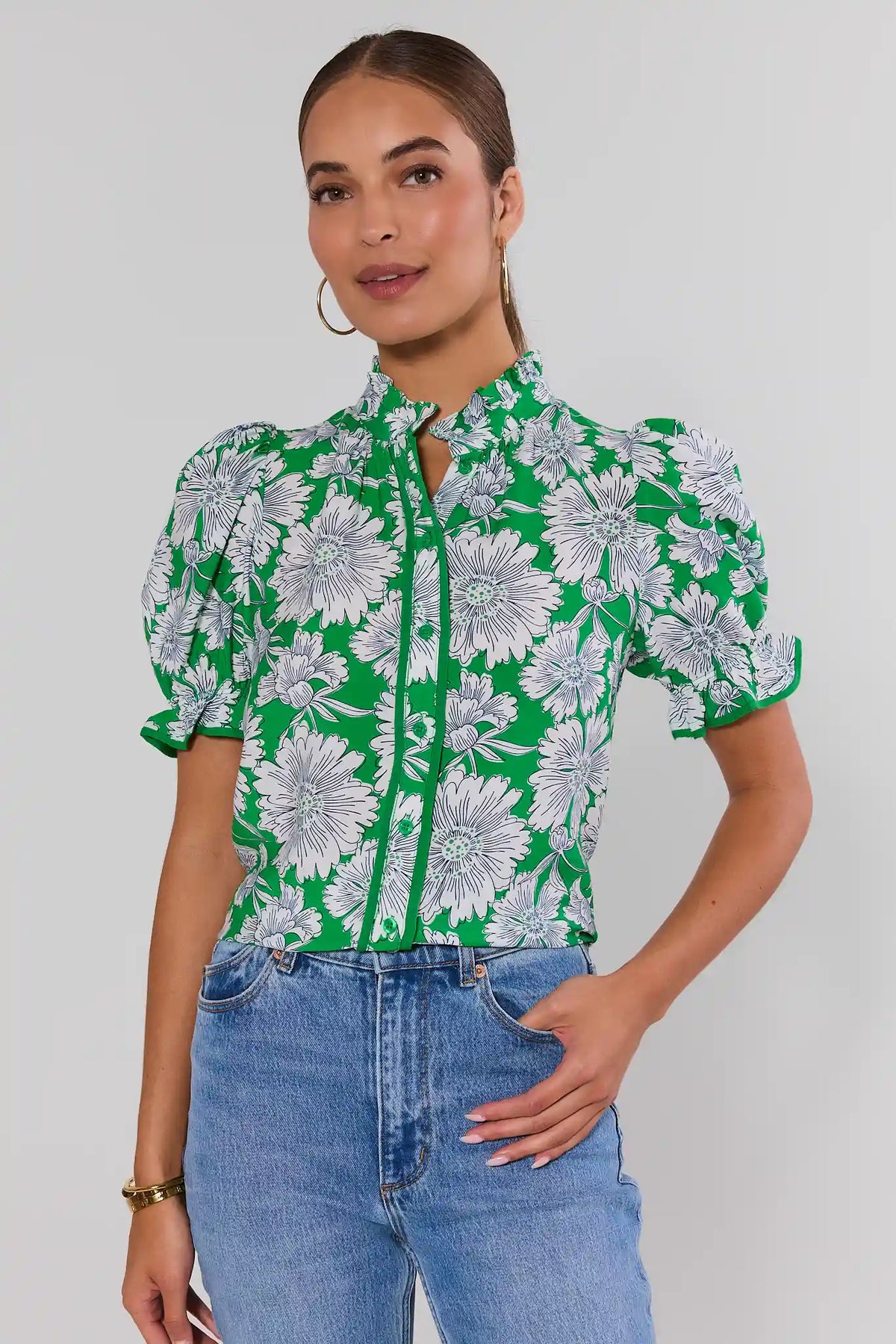 Naomi Green Floral Puff Sleeve Button-Up Top with ruffle neck, styled with blue jeans - Front View | Avara