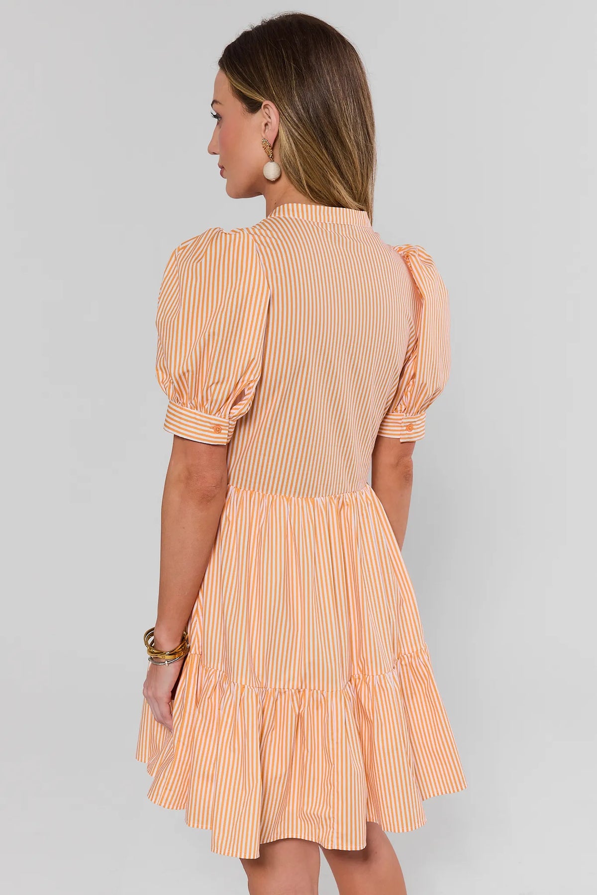 Martha Orange and White Striped Short Dress - Back View, Puff Sleeve & Tiered Skirt | Avara
