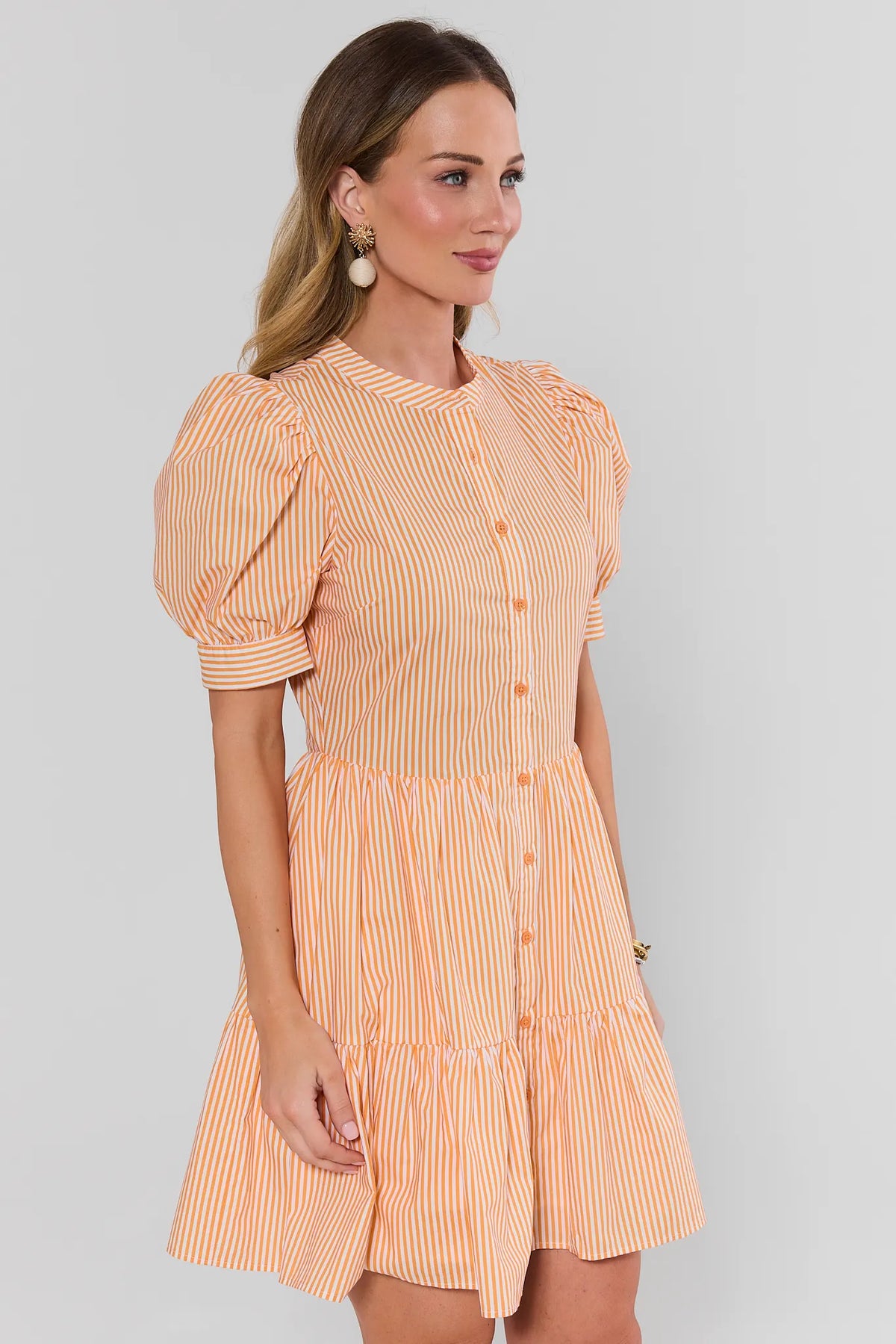 Martha Orange Striped Short Dress - Side Profile View, Tiered Ruffle Hem | Avara