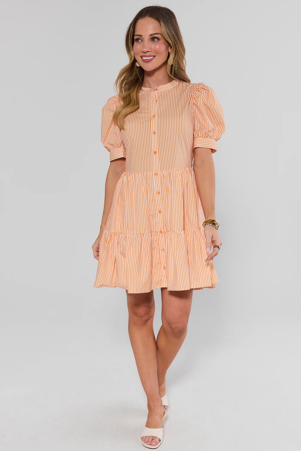 Martha Orange and White Striped Short Dress - 3/4 Angle View, Puff Sleeve Detail | Avara