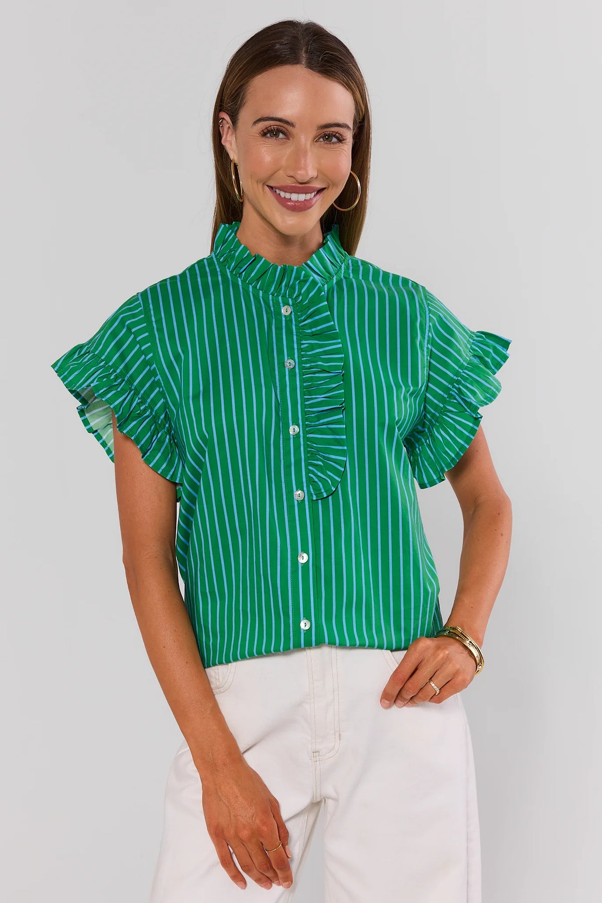Green Striped Ruffle Trim Top with flutter sleeves and button front - Front View | Avara