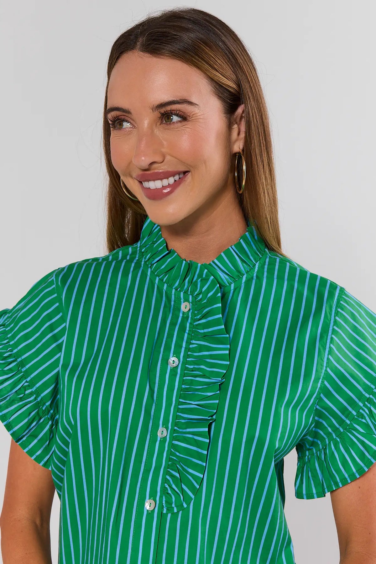 Green striped ruffle neck blouse with ruffle trim detail and button placket - Close-Up | Avara