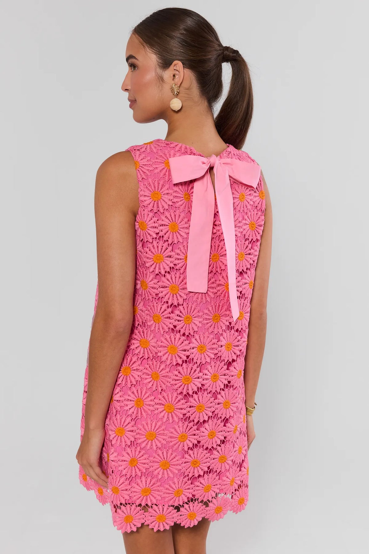 Pink Floral Overlay Short Dress with orange daisy lace and back bow tie - Back View | Avara