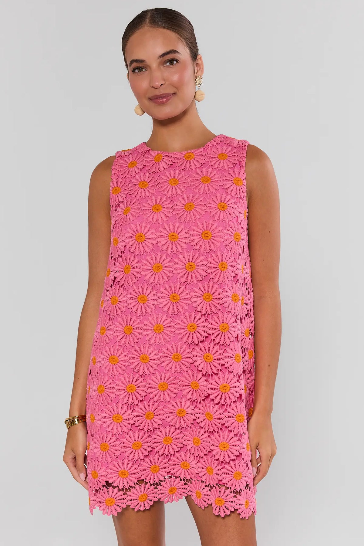 Pink Floral Overlay Short Dress in orange daisy lace, sleeveless - Front View On Model | Avara