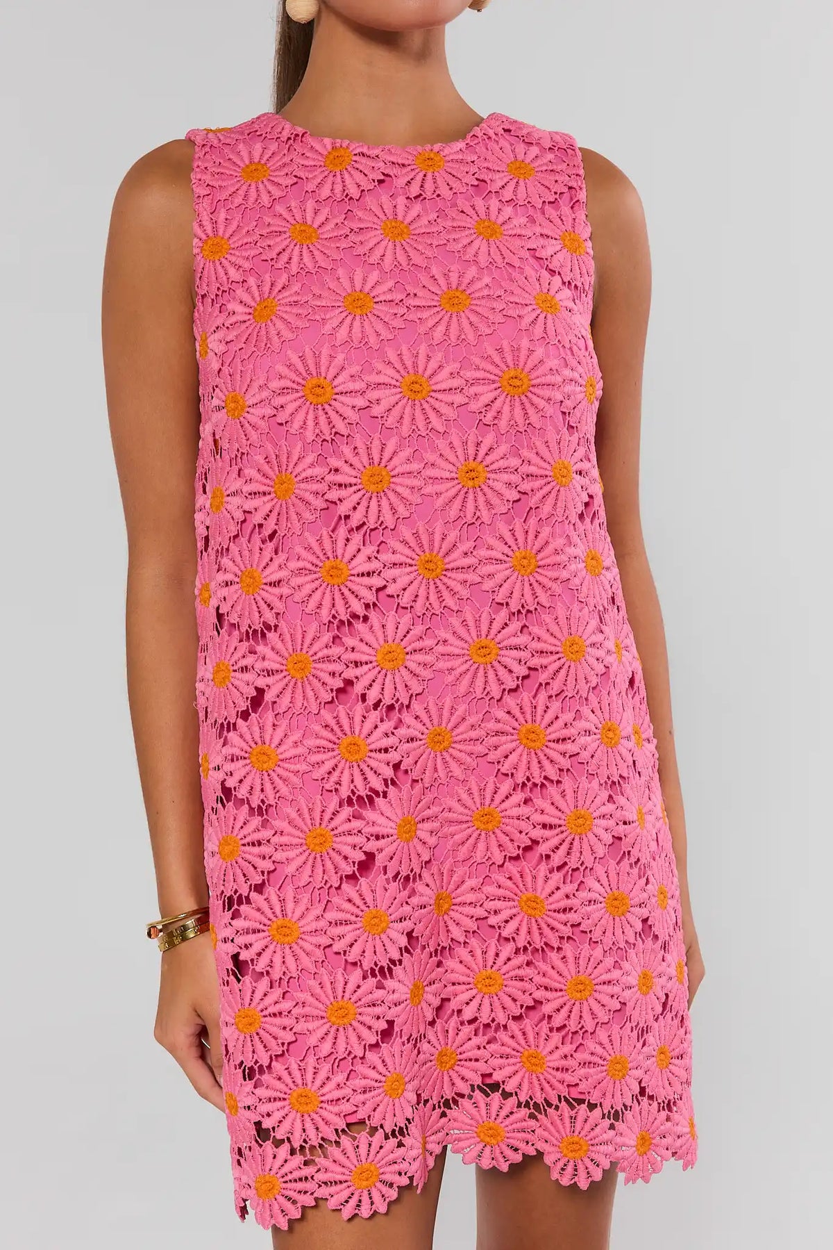 Pink Floral Overlay Short Dress with orange daisy lace overlay - Side Angle On Model | Avara
