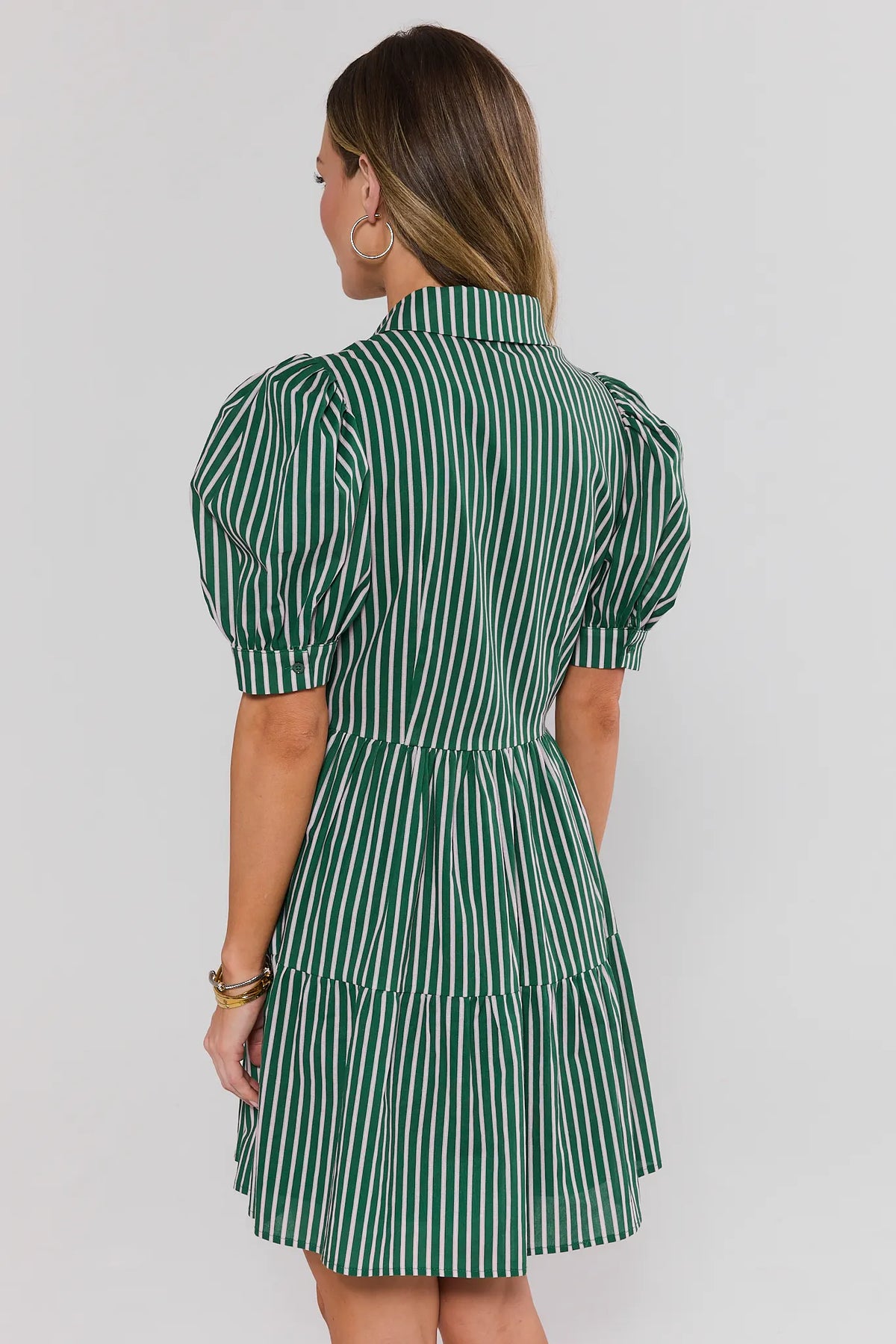 Green Contrast Stripe Short Dress puff sleeve and tiered skirt on model - Back View | Avara