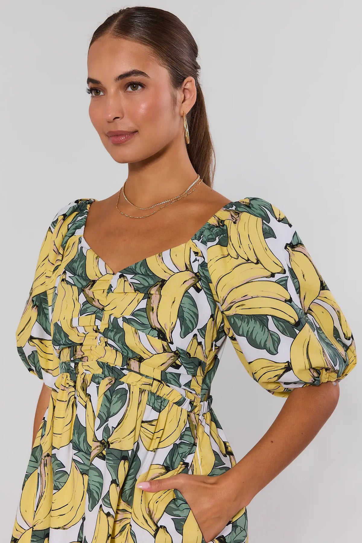 Yellow banana print dress - Close-Up Detail, smocked bodice and puff sleeve | Avara