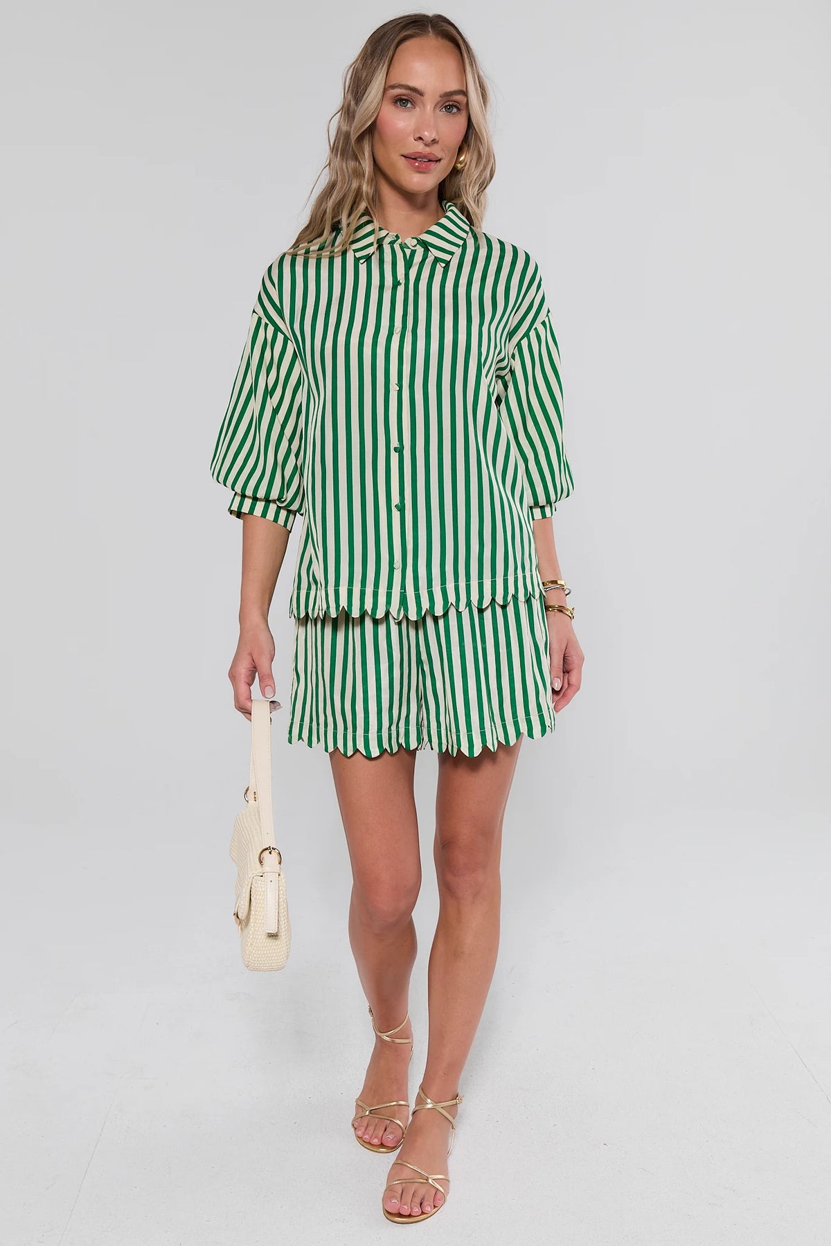 Green and white striped short set with matching button-down top, full-length styled look | Avara