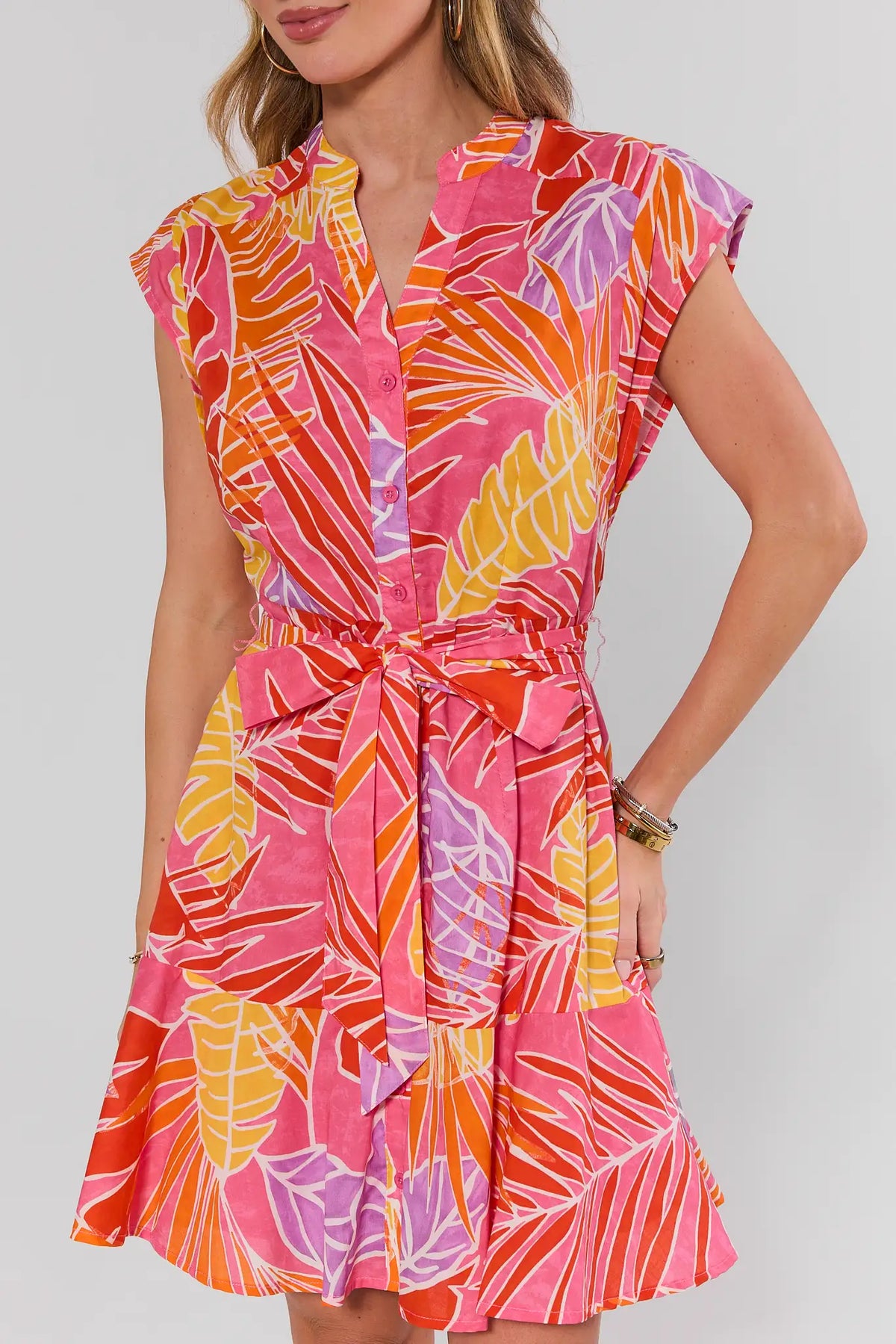 Erica Pink Palm Print Short Dress - Close-Up Detail, Button Front & Ruffle Hem | Avara
